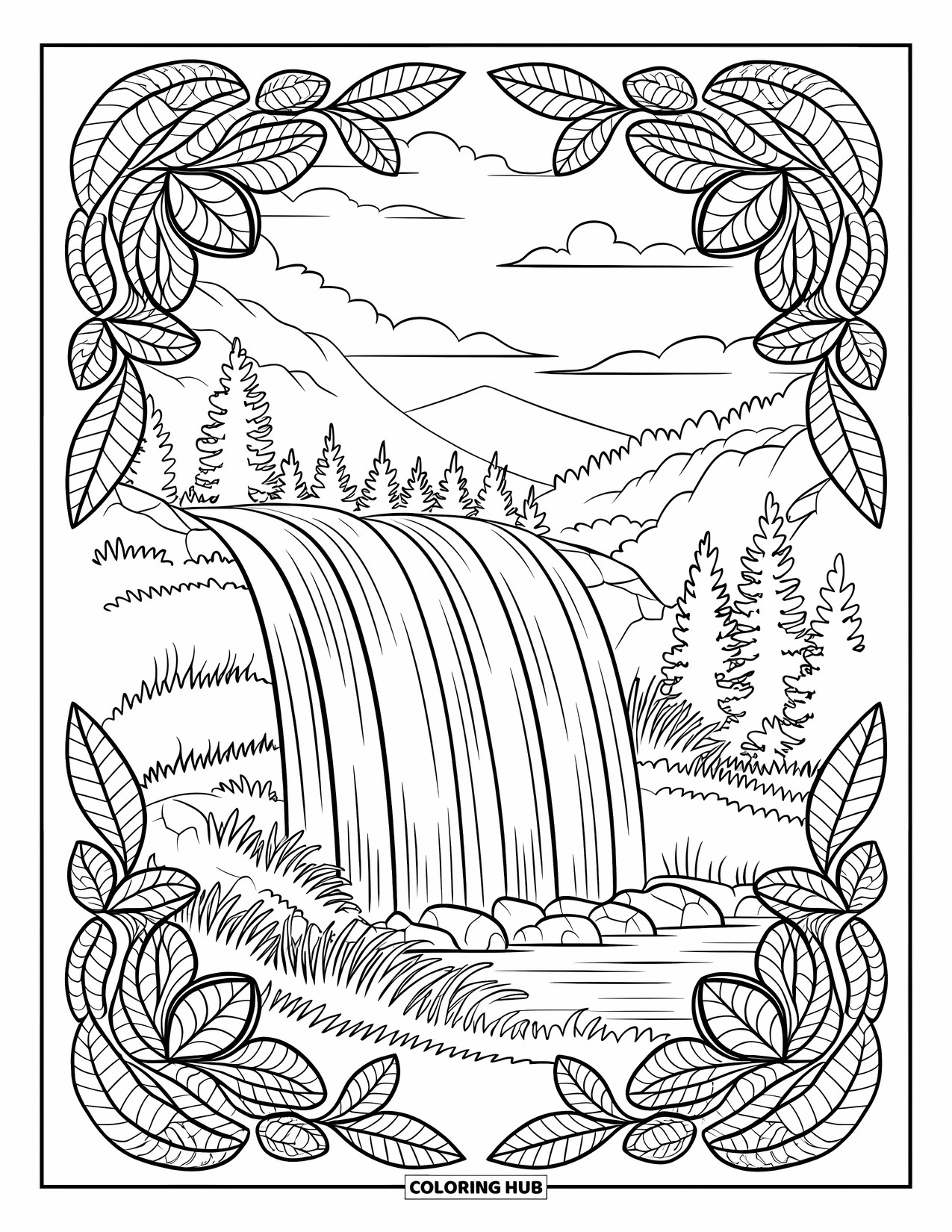 Scenery Coloring Page for Adults: A waterfall flows between leafy mandala borders with mountains and trees in the distance