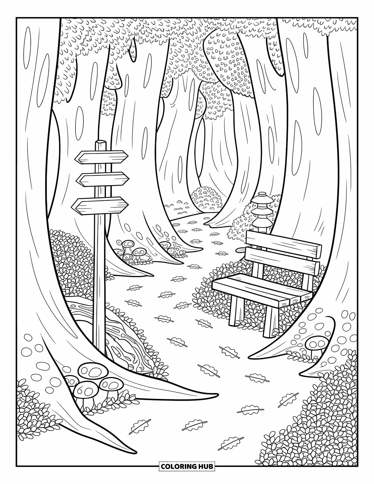 Scenery Coloring Page for Adults: A woodland trail winds through tall trees, mushrooms, and leaves with a bench and signpost
