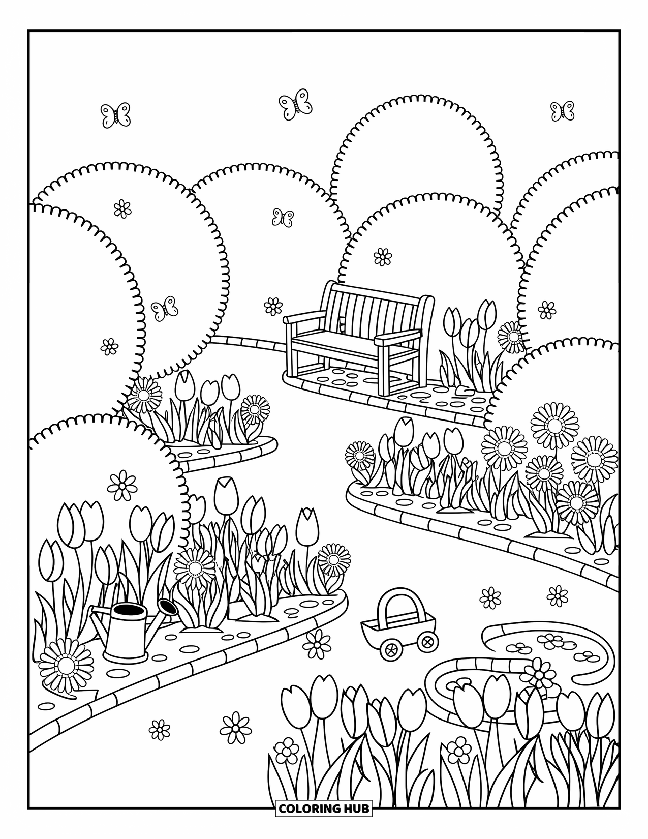 Scenery Coloring Page for Adults: An enclosed garden features curved hedges, a pond, flowers, and tools by a wooden bench