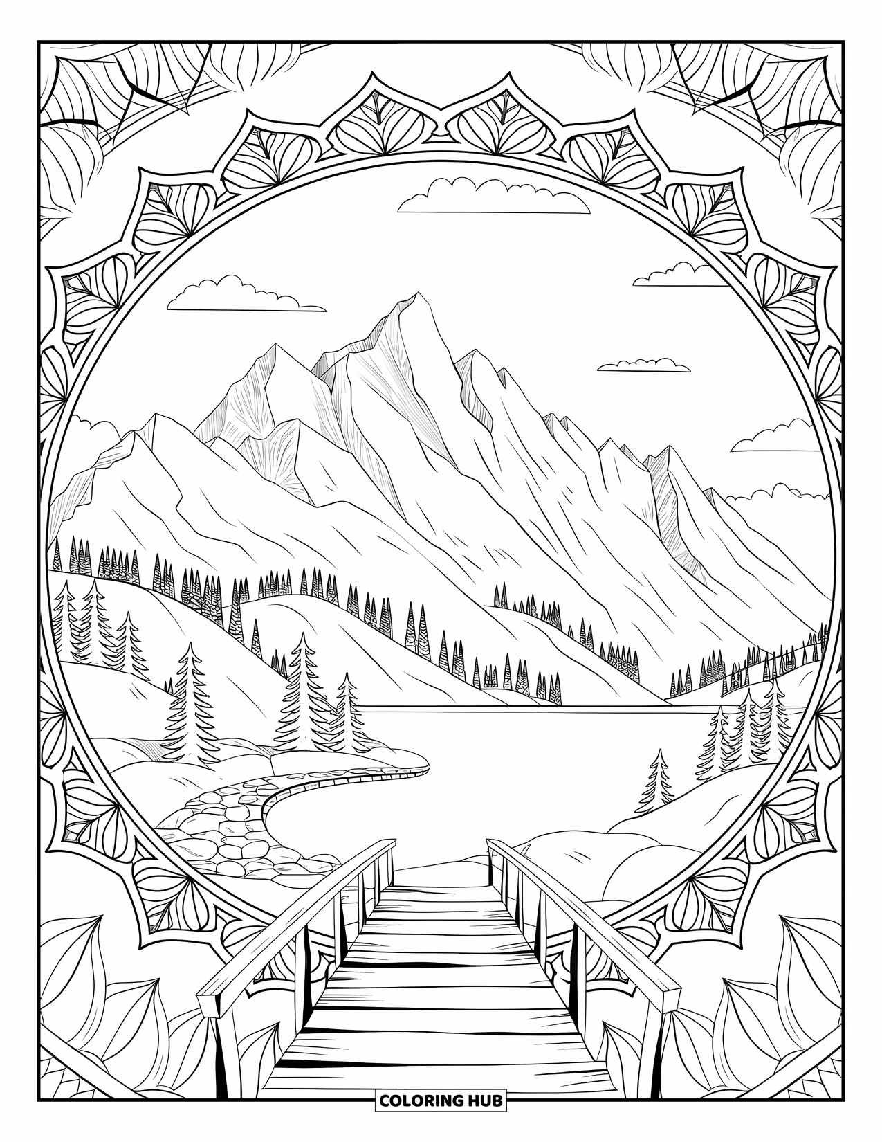 Scenery Coloring Page for Adults: Mountains and a lake sit below leafy mandalas and a curving forest trail
