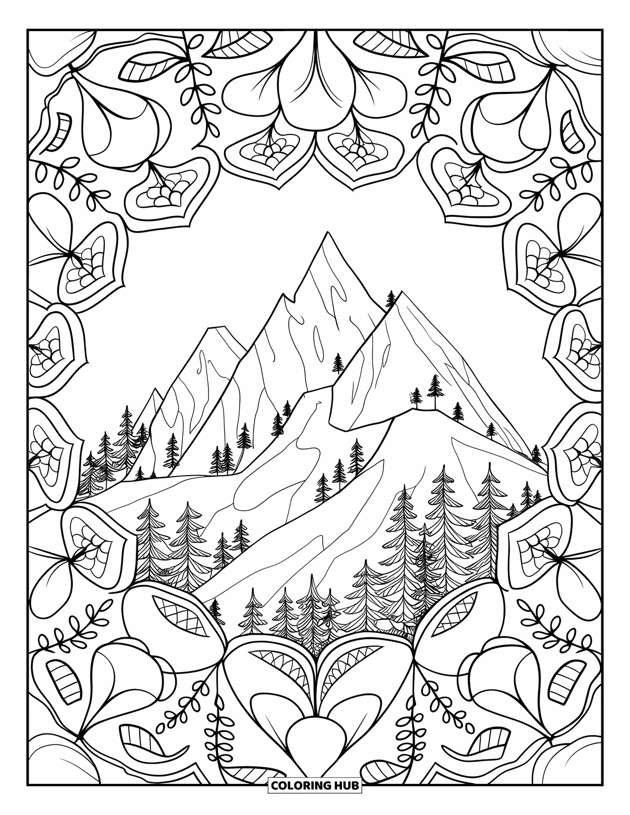 Scenery Coloring Page for Adults: Mountains and trees meet bold mandalas filled with shapes, leaves, and vines