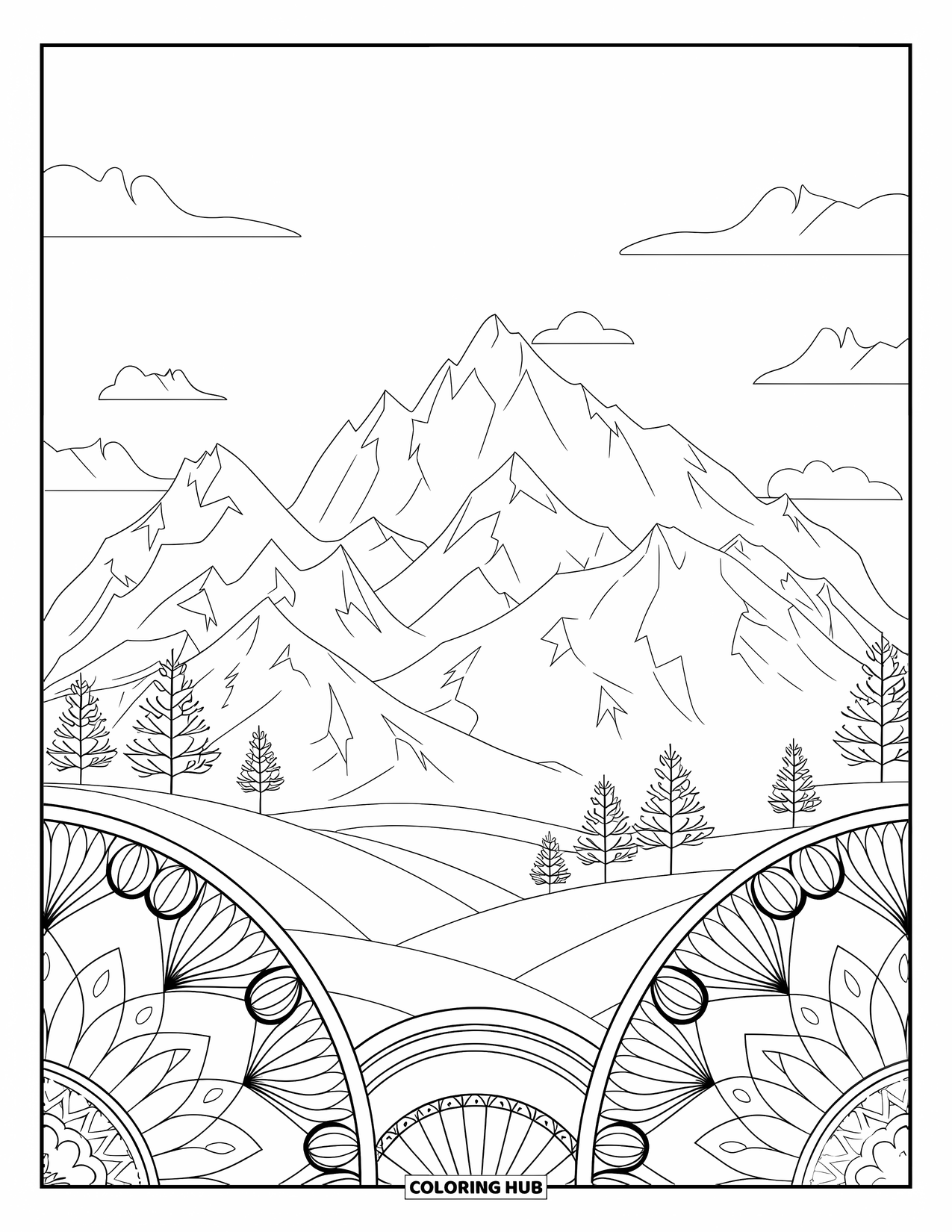 Scenery Coloring Page for Adults: Sharp mountain peaks rise beside flower-filled mandalas and quiet skies