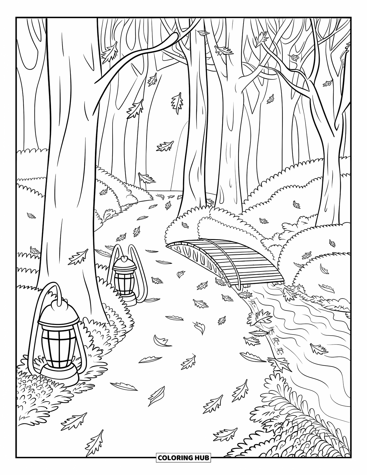 Scenery Coloring Page for Kids: A bridge crosses a stream near falling leaves and lanterns in a quiet forest
