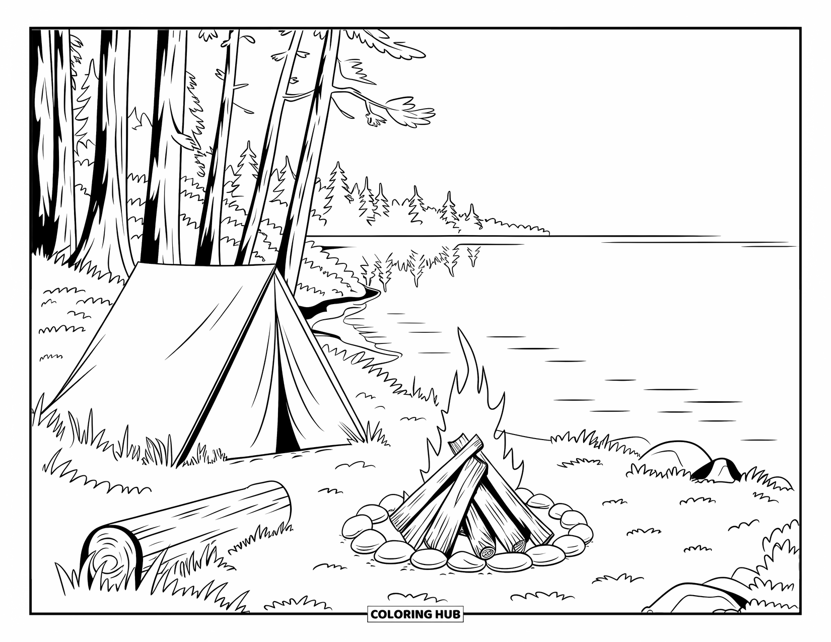 Scenery Coloring Page for Kids: A calm lake reflects trees and a tent beside a glowing fire
