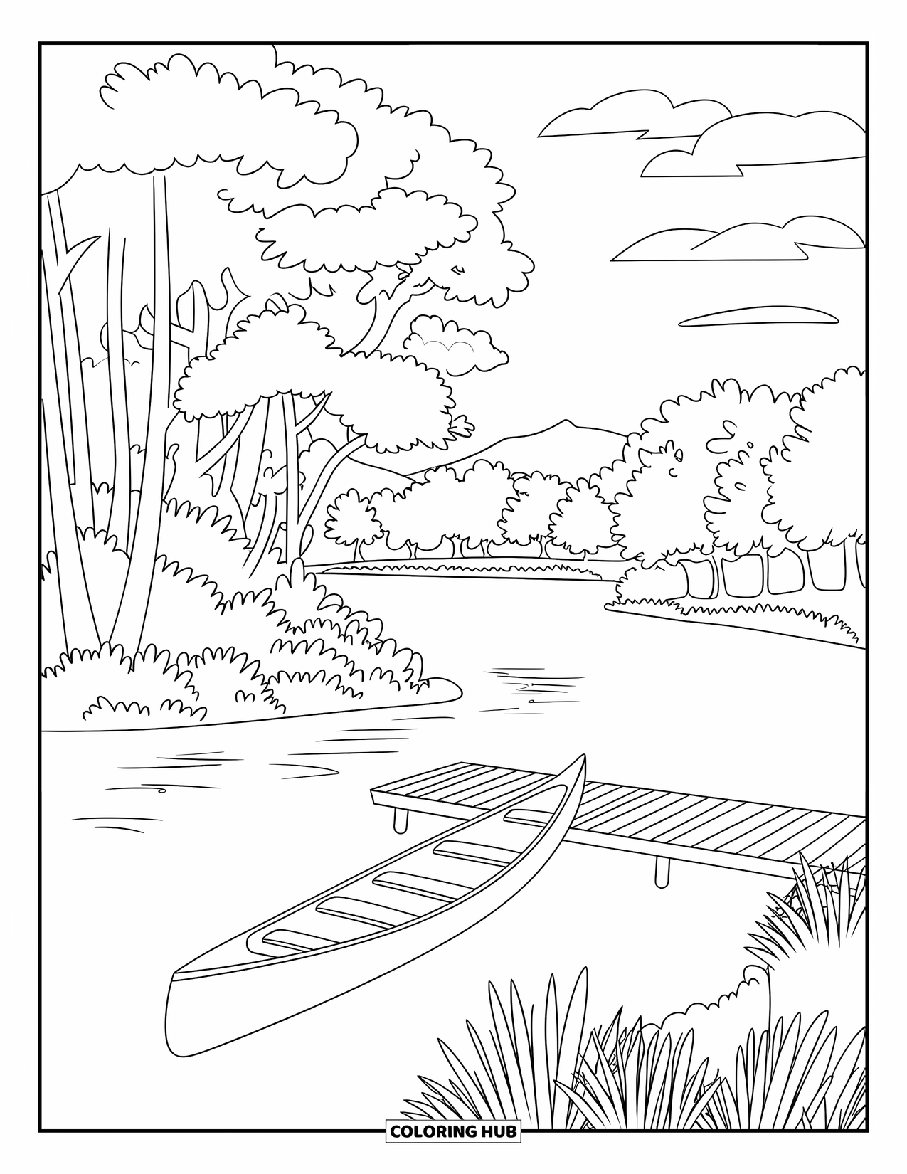 Scenery Coloring Page for Kids: A calm river reflects trees, a dock, and a canoe tied beside it