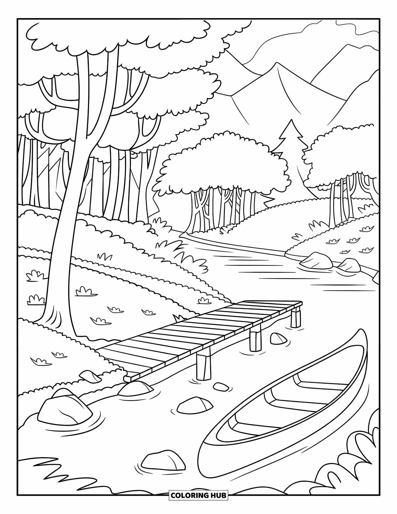 Scenery Coloring Page for Kids: A canoe rests by a wooden dock in a quiet riverside forest with mountain views