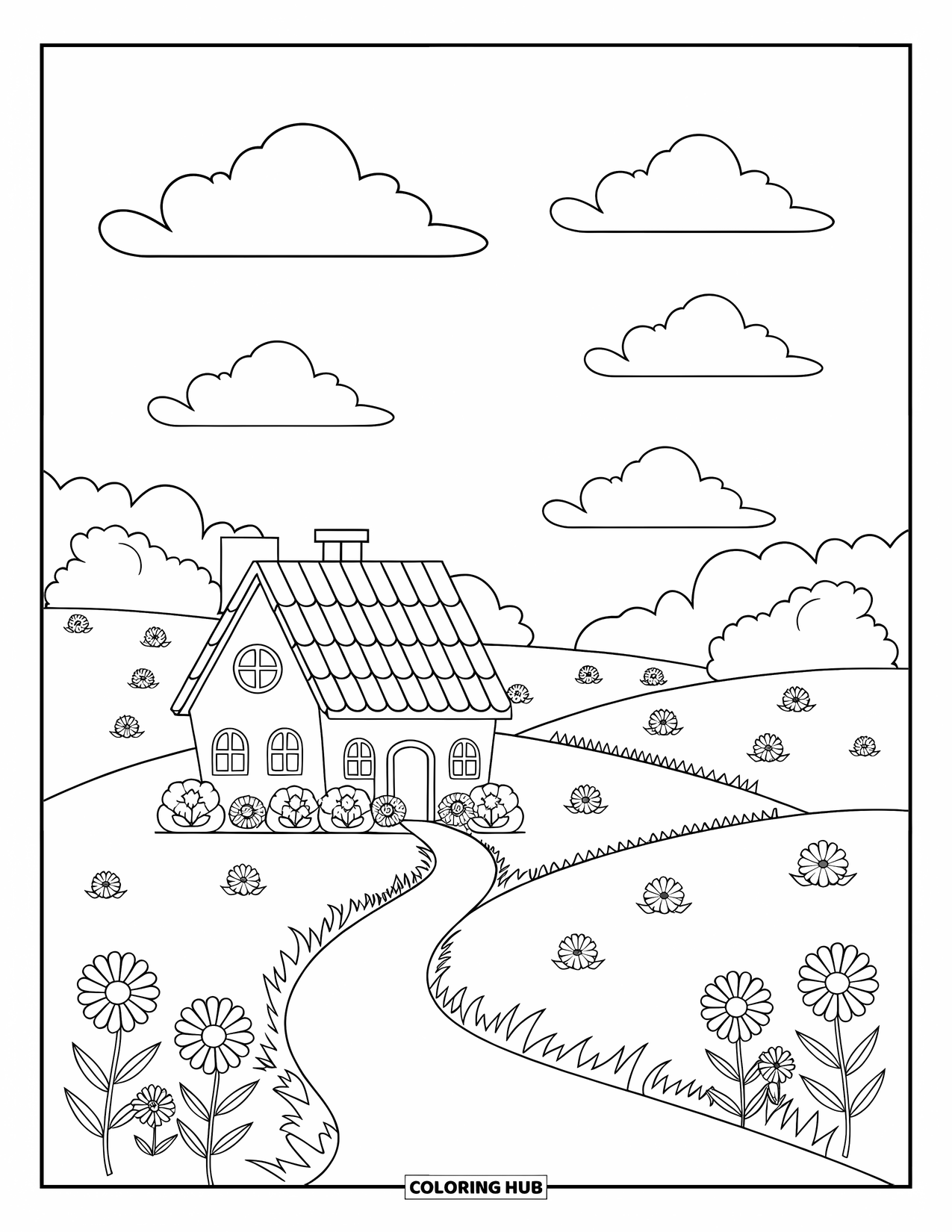 Scenery Coloring Page for Kids: A chimney-topped house rests among flowers and clouds on a peaceful path