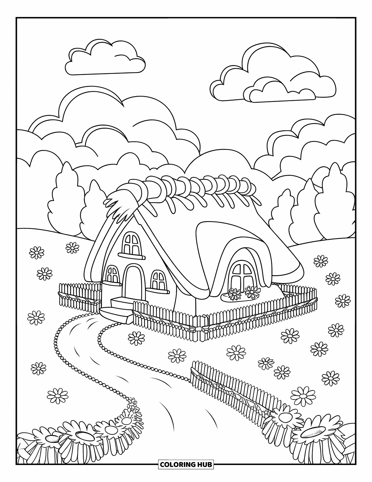 Scenery Coloring Page for Kids: A fenced house sits in a flowery meadow under soft clouds and a winding trail