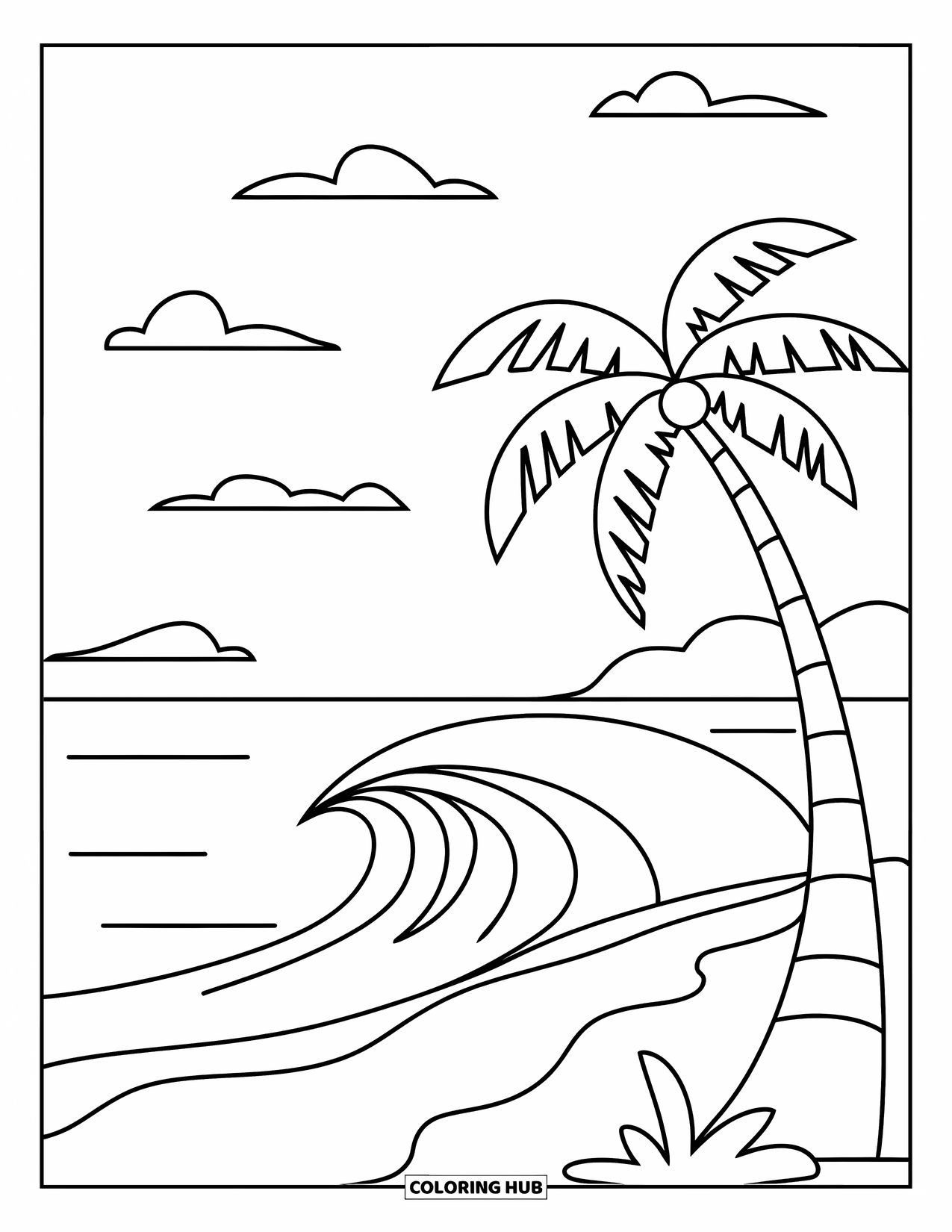 Scenery Coloring Page for Kids: A gentle wave rolls in near a lone palm tree under a clear sky