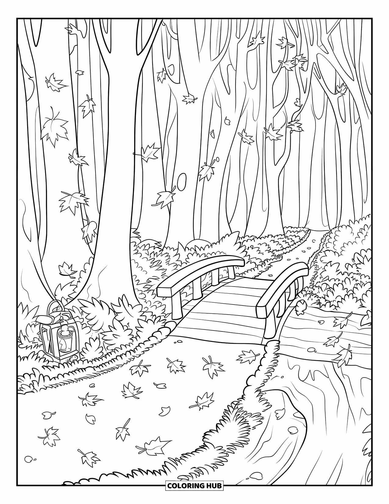 Scenery Coloring Page for Kids: A lantern-lit forest path winds past a stream and bridge under falling leaves