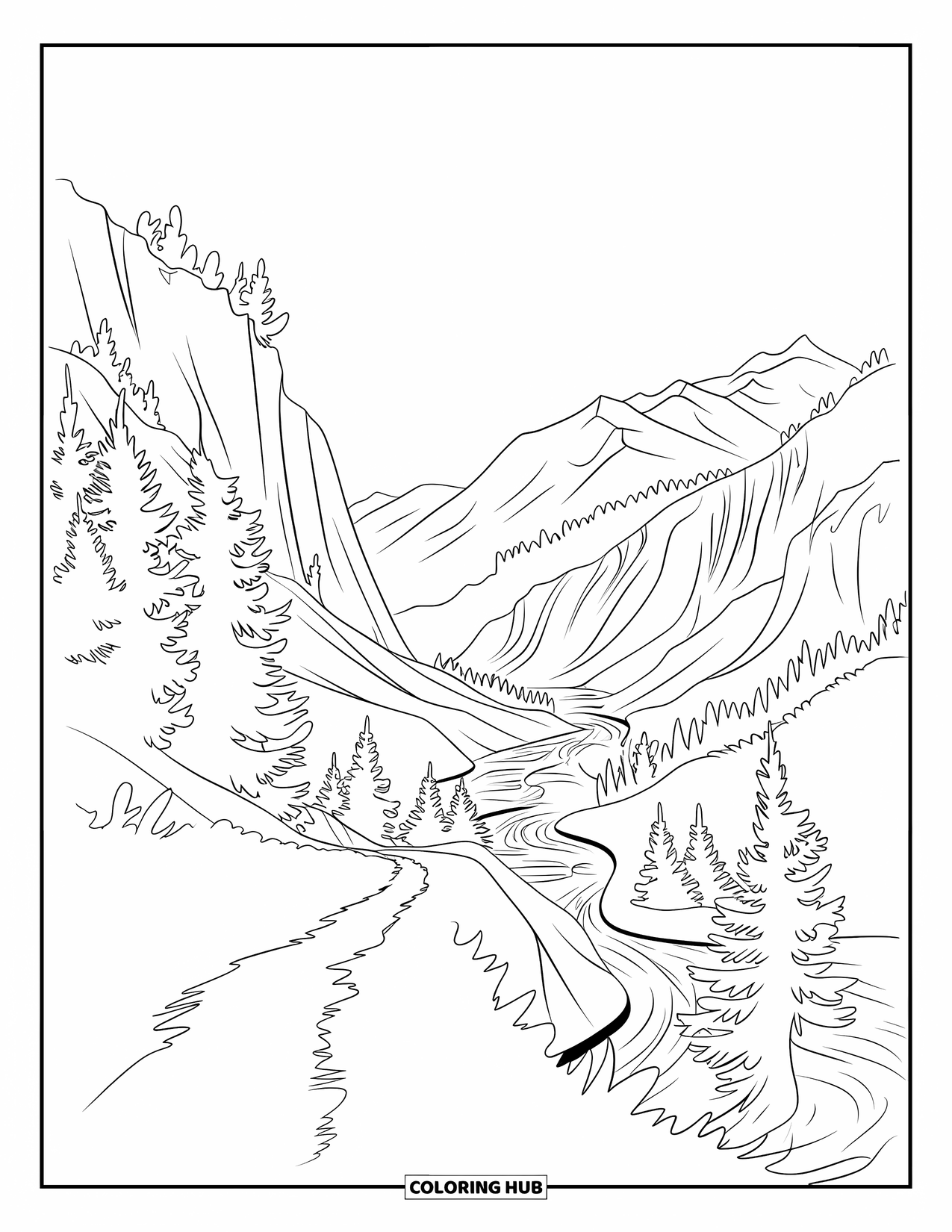 Scenery Coloring Page for Kids: A mountain trail winds past trees and riverbanks in a bold valley scene