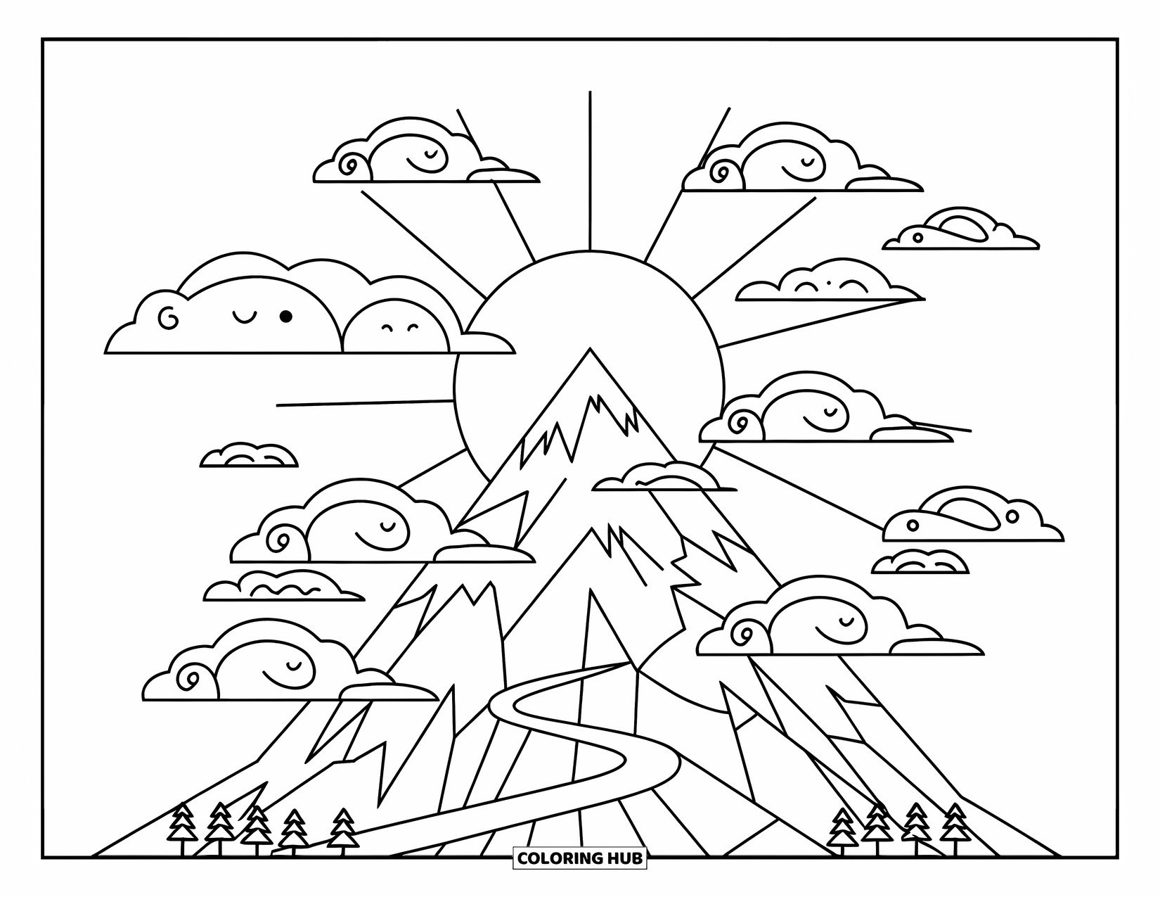 Scenery Coloring Page for Kids: A mountain trail winds upward under a smiling sun and happy round clouds