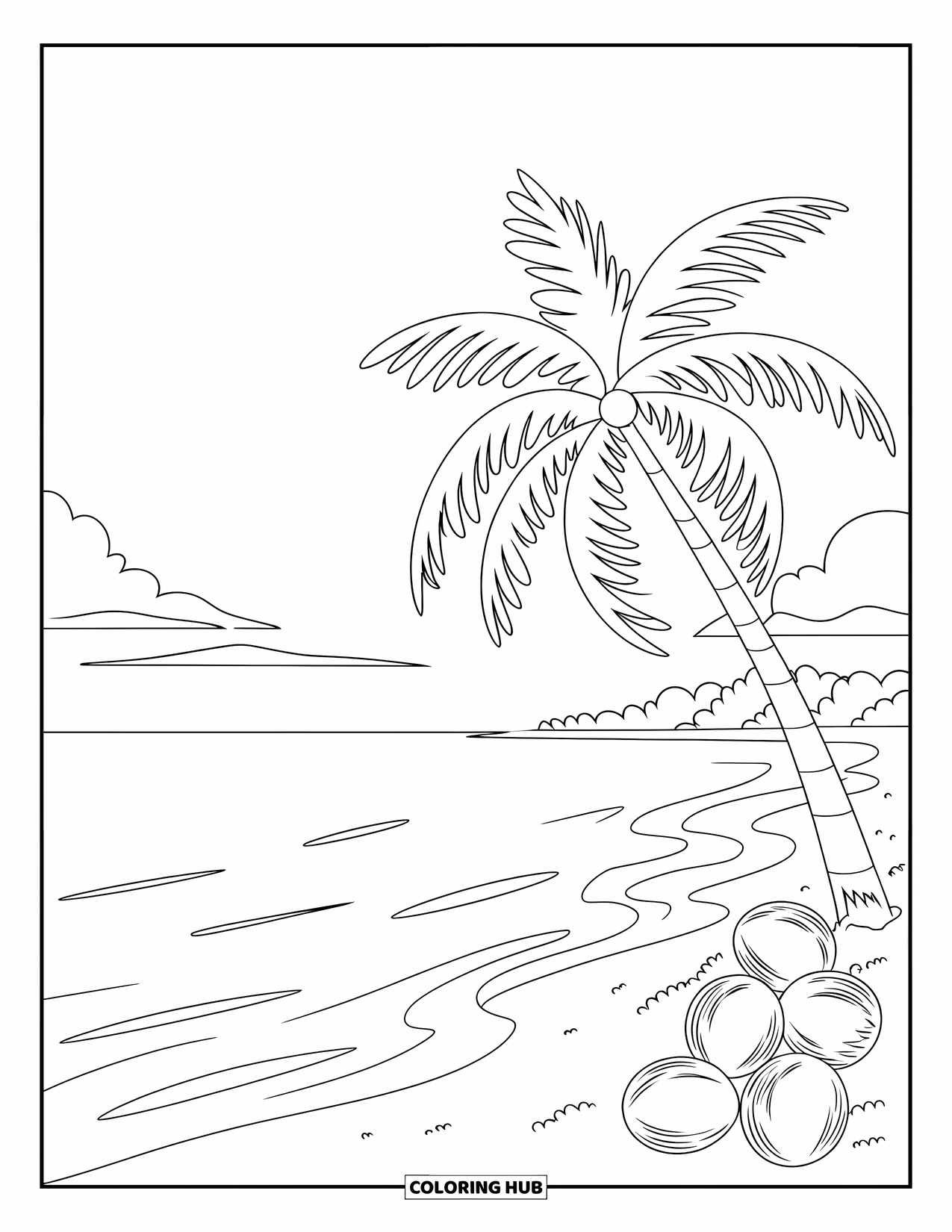 Scenery Coloring Page for Kids: A peaceful beach with one palm tree, soft ripples, and smooth sandy shore