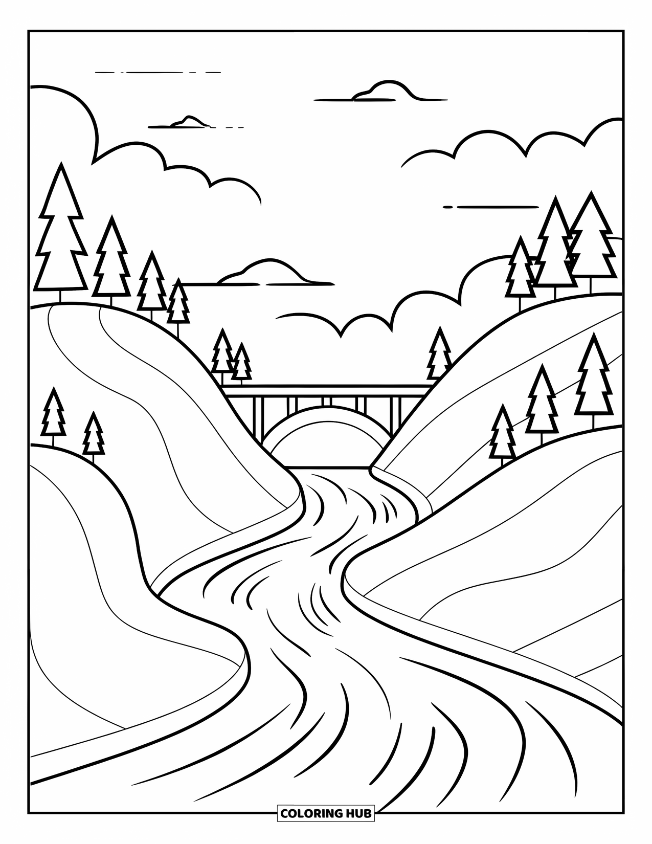 Scenery Coloring Page for Kids: A quiet bridge arches over a winding river between tree-covered hills