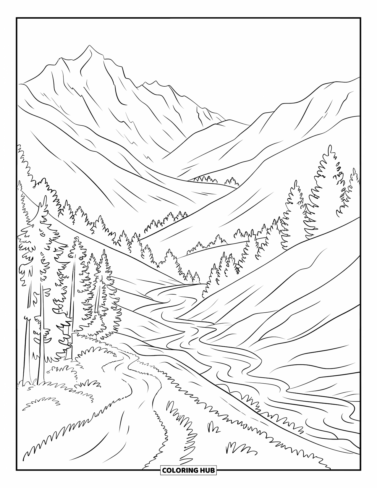 Scenery Coloring Page for Kids: A river cuts through forested slopes and a mountain valley trail