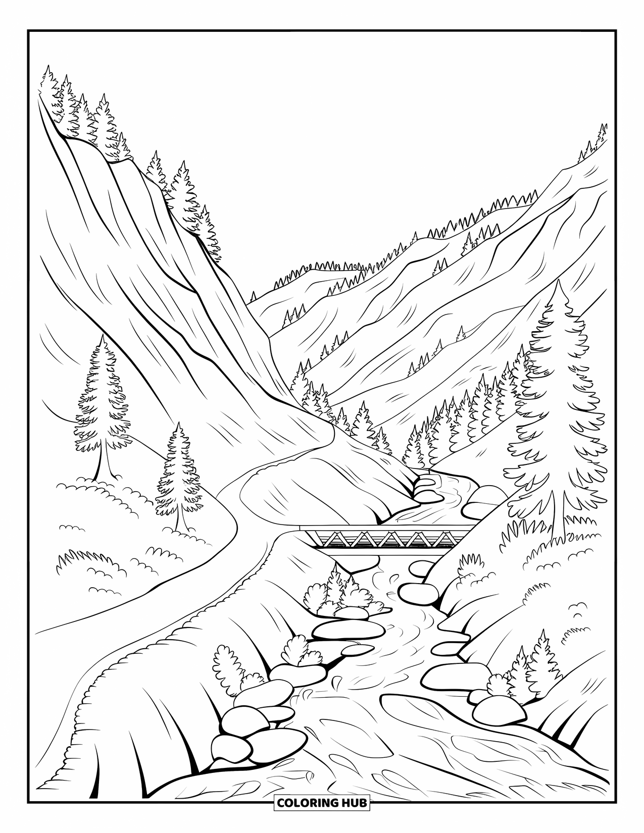 Scenery Coloring Page for Kids: A steep mountain trail leads down to a fast river and wooden bridge