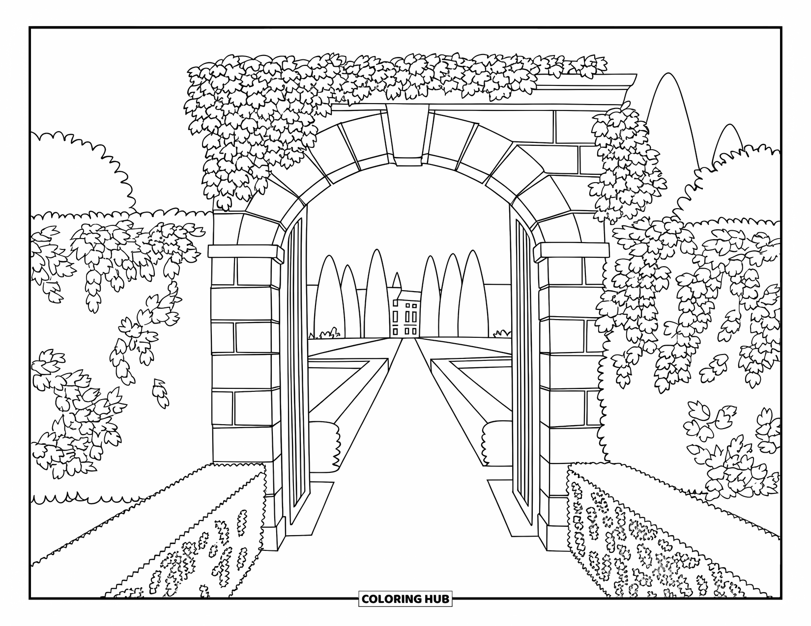 Scenery Coloring Page for Kids: A stone arch covered in ivy opens to a formal garden path and distant building