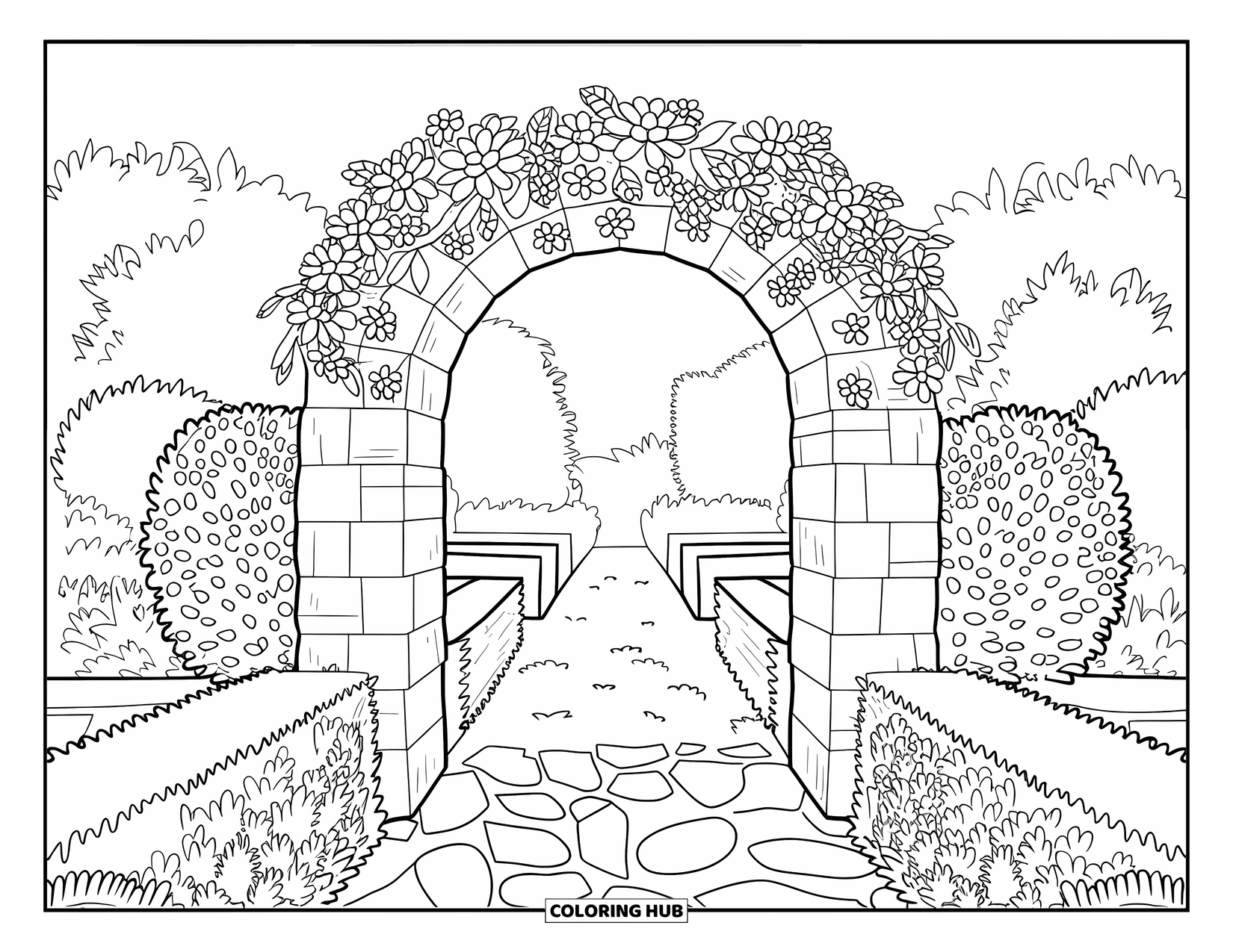 Scenery Coloring Page for Kids: A stone garden arch opens to a winding path between neat hedges and shrubs