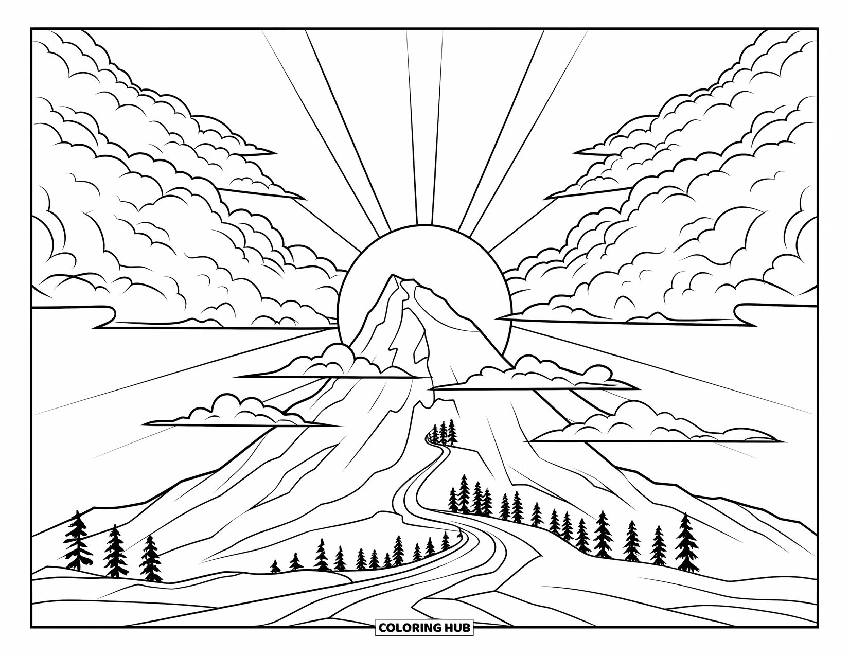 Scenery Coloring Page for Kids: A sunrise brightens a winding trail leading to the top of a tall mountain