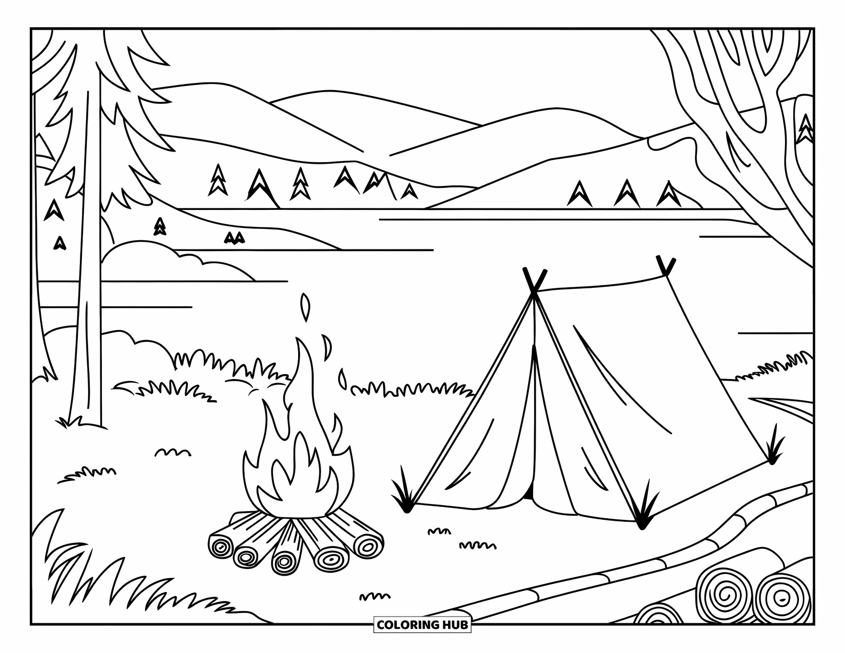 Scenery Coloring Page for Kids: A tent and campfire sit near a lake with trees and mountain views