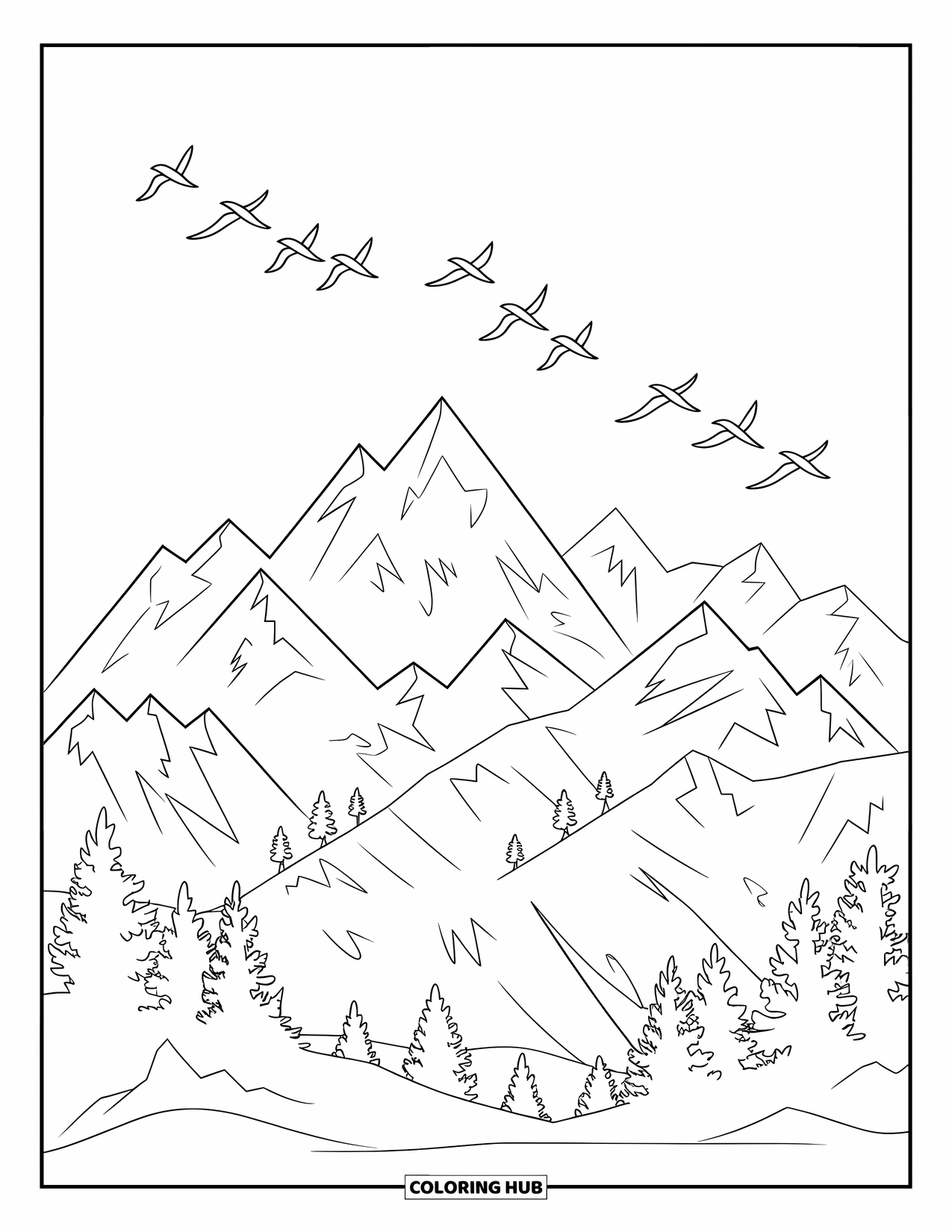 Scenery Coloring Page for Kids: A V-formation of birds flies above trees and rugged mountain tops