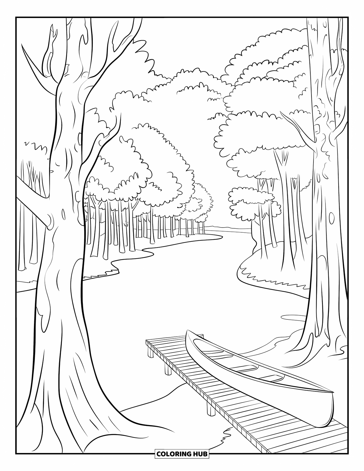 Scenery Coloring Page for Kids: A wooden dock and canoe sit quietly along a clear forest river