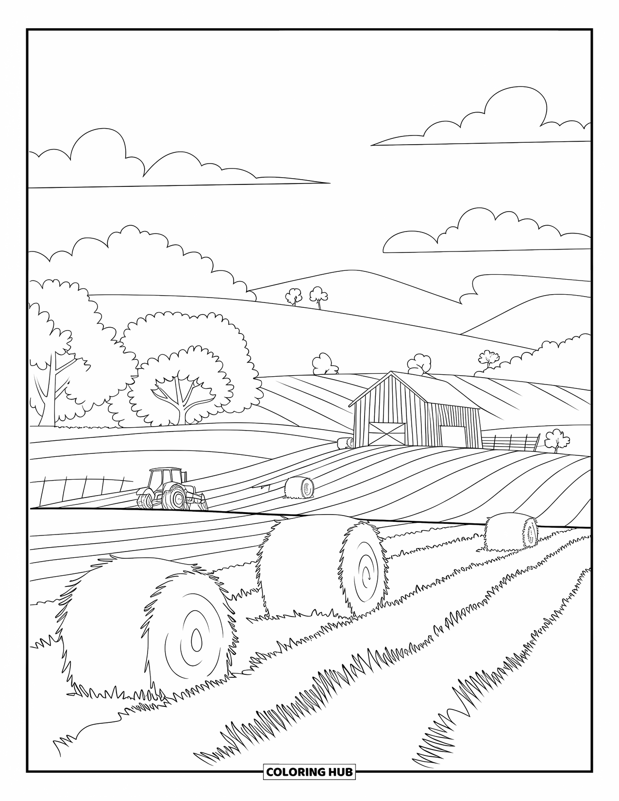 Scenery Coloring Page for Kids: Farm fields, a tractor, and hay bales surround a barn in the countryside