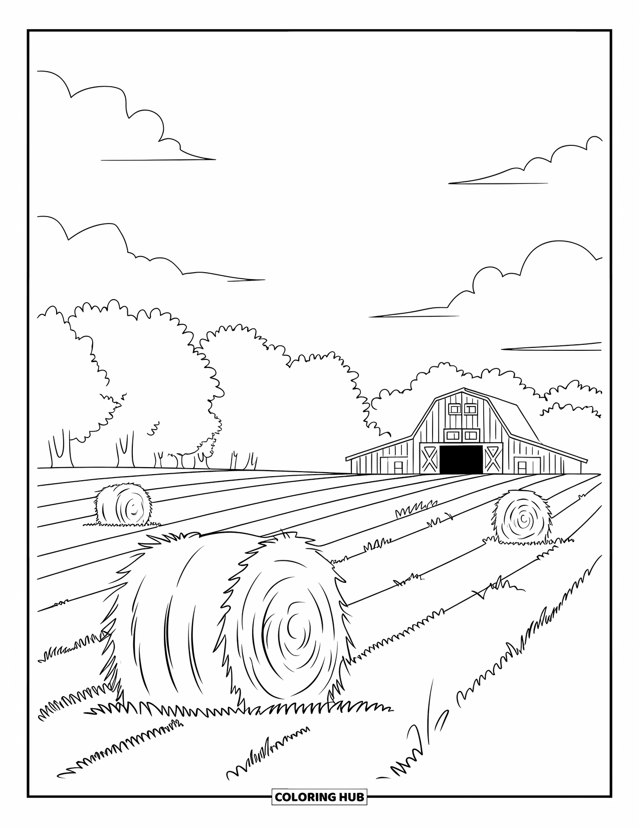 Scenery Coloring Page for Kids: Hay bales and fields stretch toward a barn under a clear sky with clouds