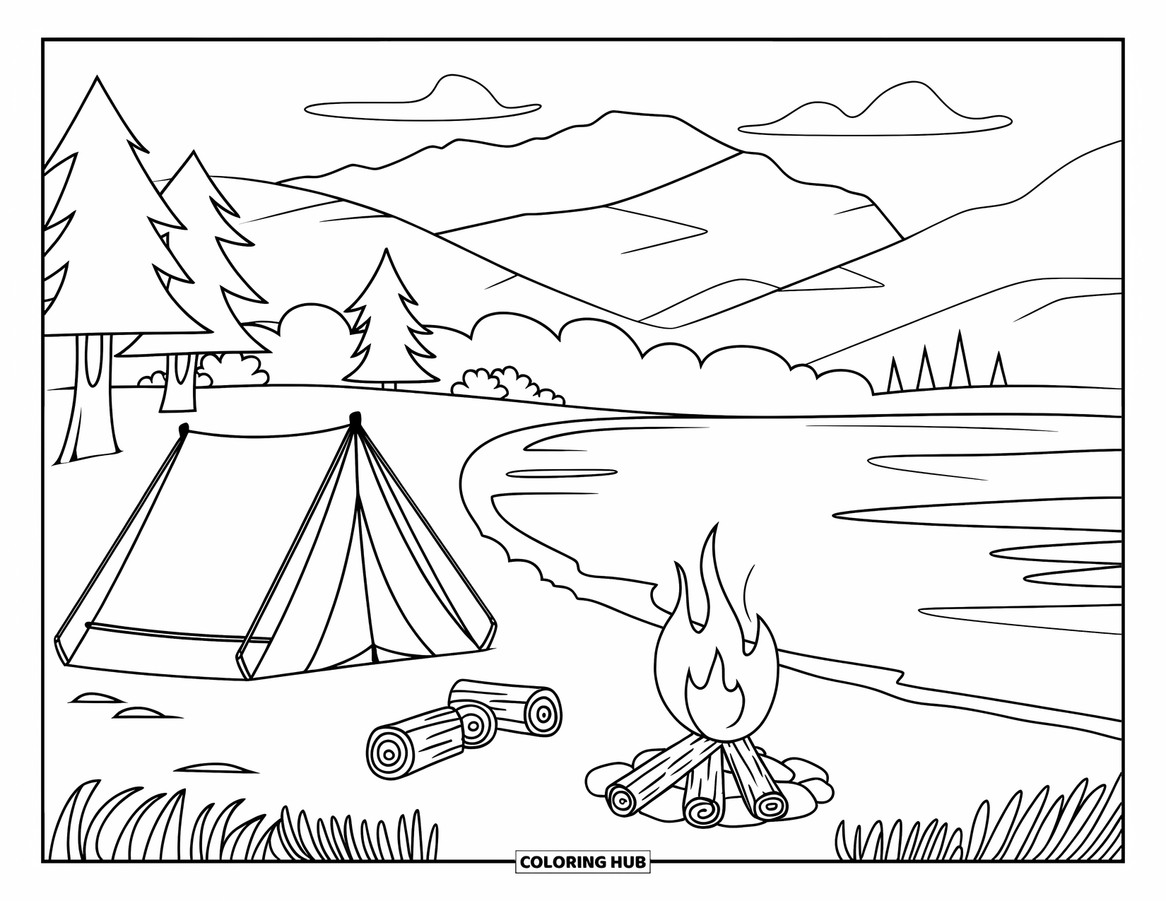 Scenery Coloring Page for Kids: Logs surround a lakeside fire near a tent under a clear mountain sky