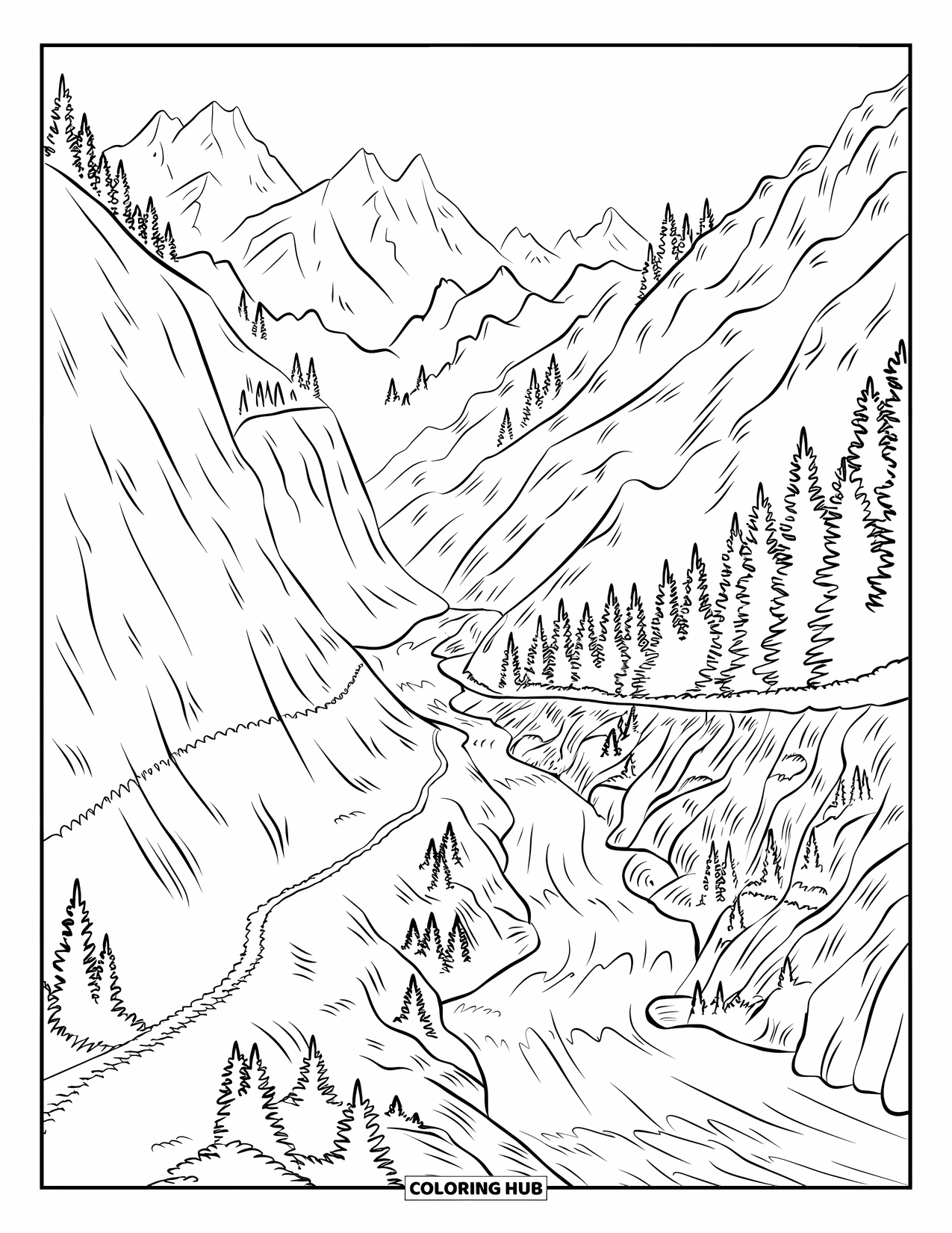Scenery Coloring Page for Kids: River rapids flow between rocky slopes and tall trees in a dramatic valley