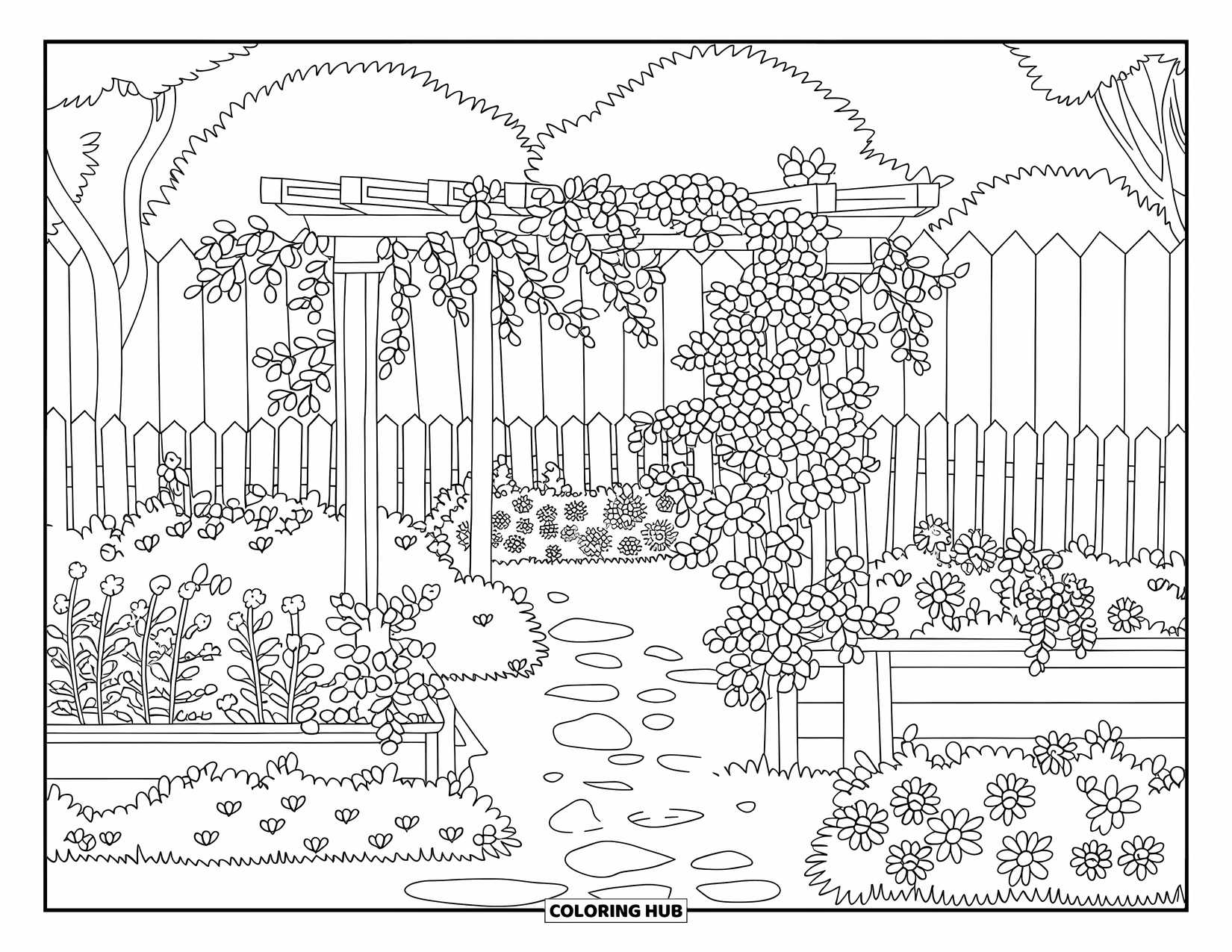 Scenery Coloring Page for Kids: Roses and daisies bloom in a garden with vines climbing a wooden trellis