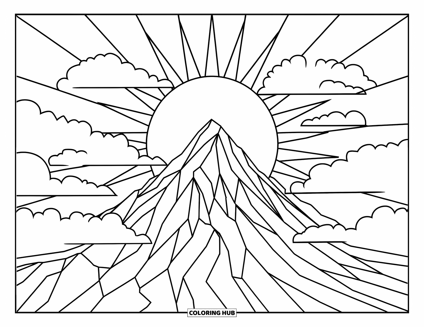 Scenery Coloring Page for Kids: The sun rises behind a tall mountain with bold clouds in the sky