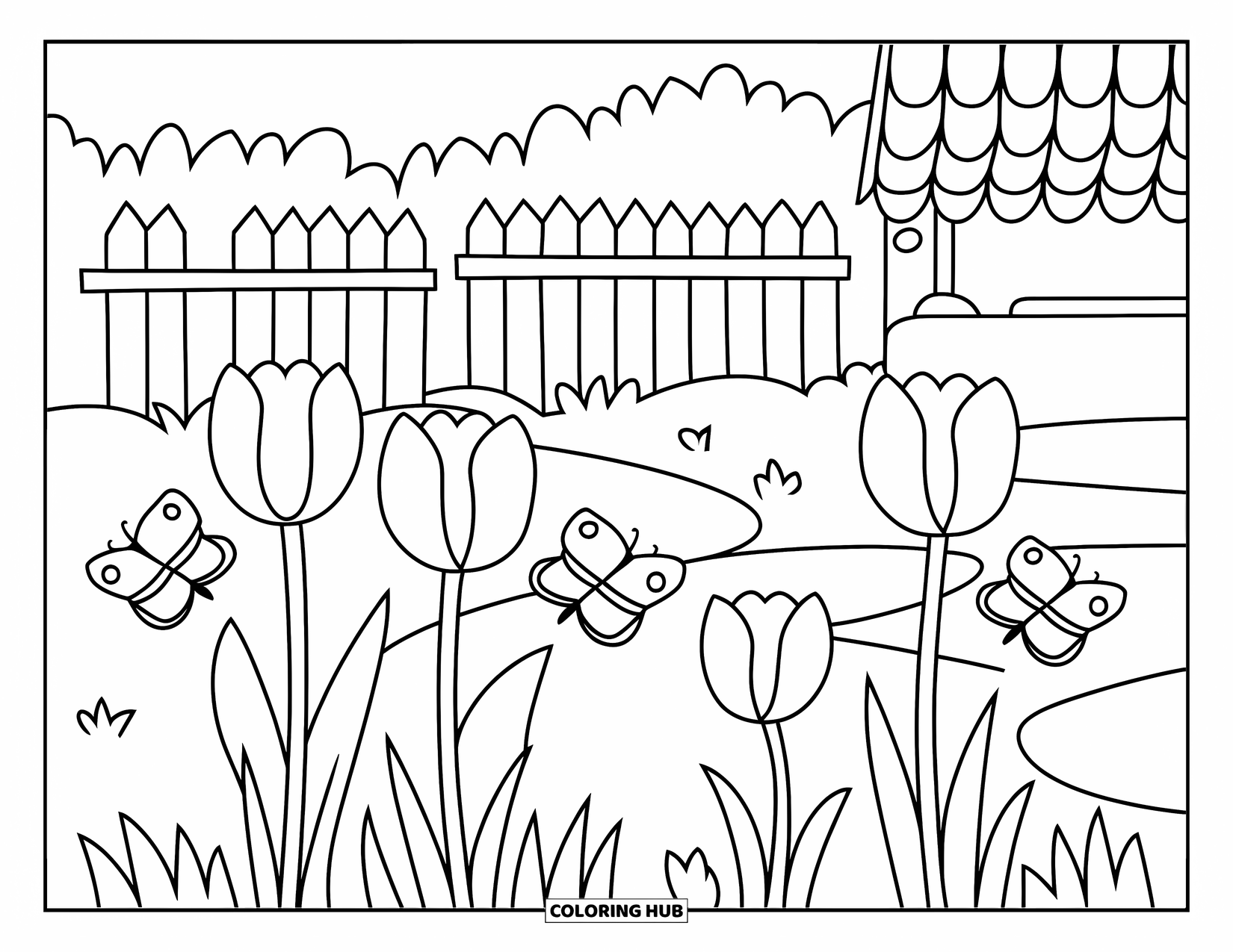 Scenery Coloring Page for Kids: Three tulips bloom near butterflies and a fence in a cheerful garden path
