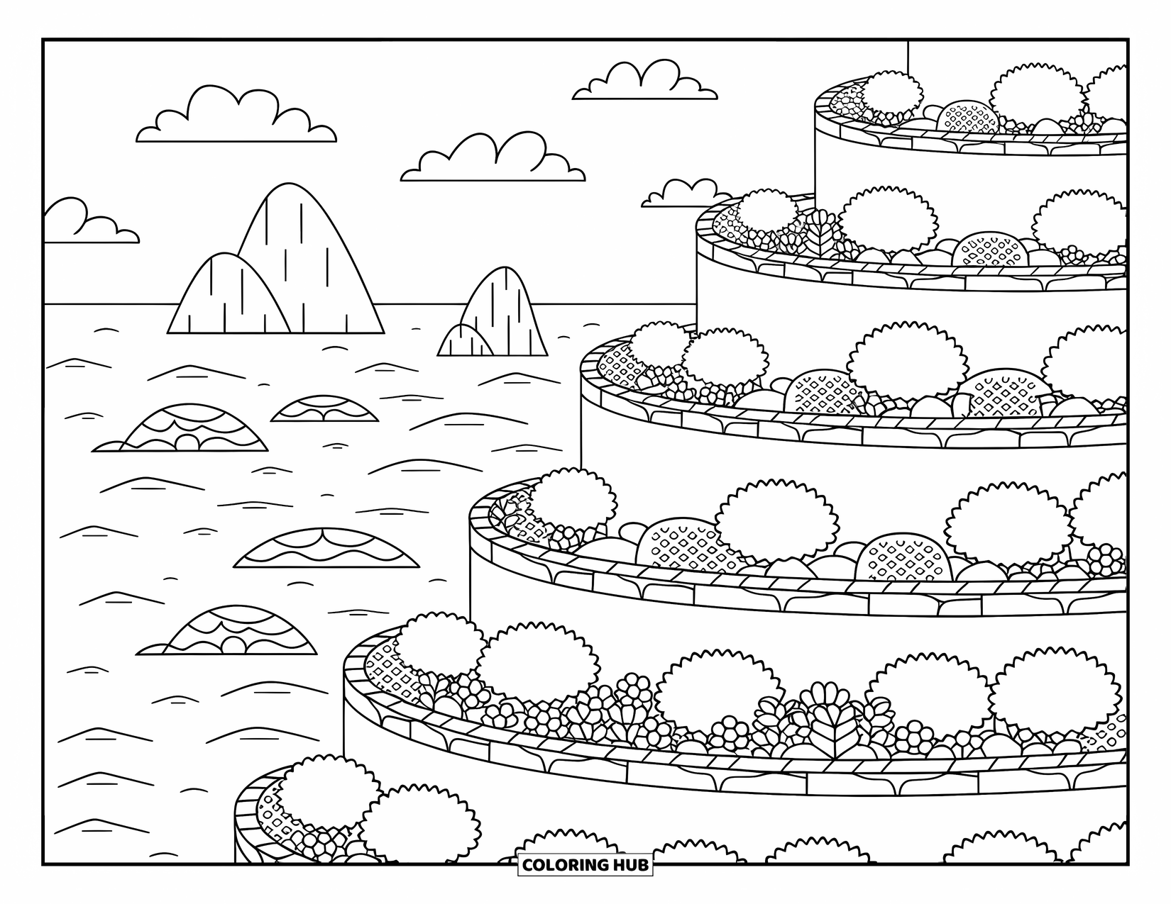 Scenic Coloring Page for Adults: A cliff garden with flowers and curved walls looks out over gentle ocean waves