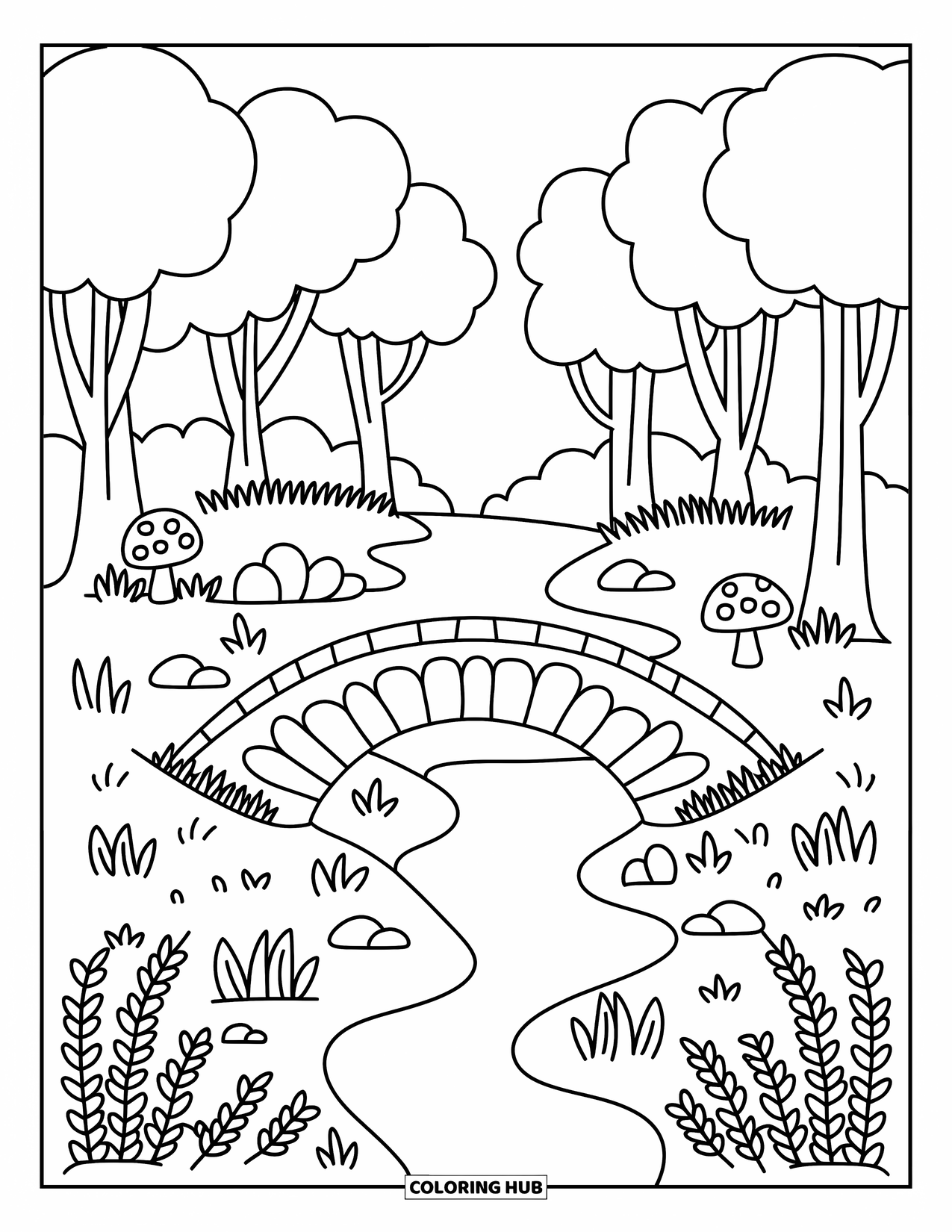 Scenic Coloring Page for Adults: A cozy bridge leads through a forest filled with trees, mushrooms, and leafy trails
