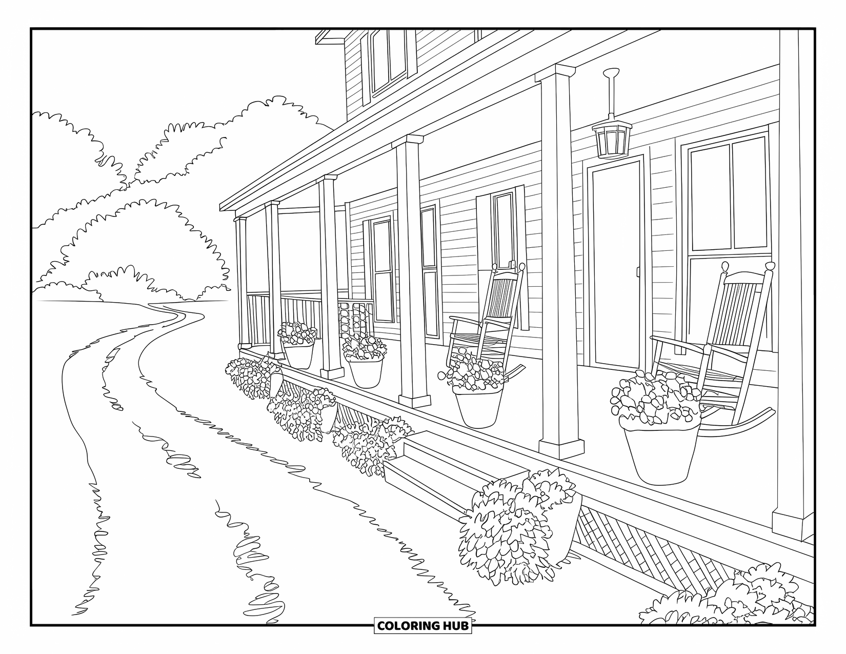 Scenic Coloring Page for Adults: A cozy farmhouse porch with rocking chairs and flower pots beside a winding dirt road