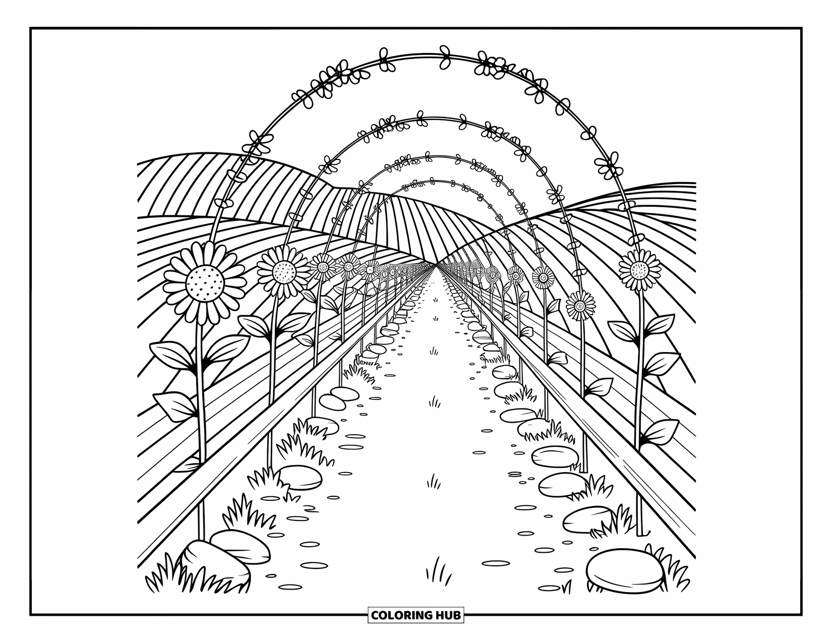Scenic Coloring Page for Adults: A dirt path winds through sunflowers and vine arches toward layered farmland hills