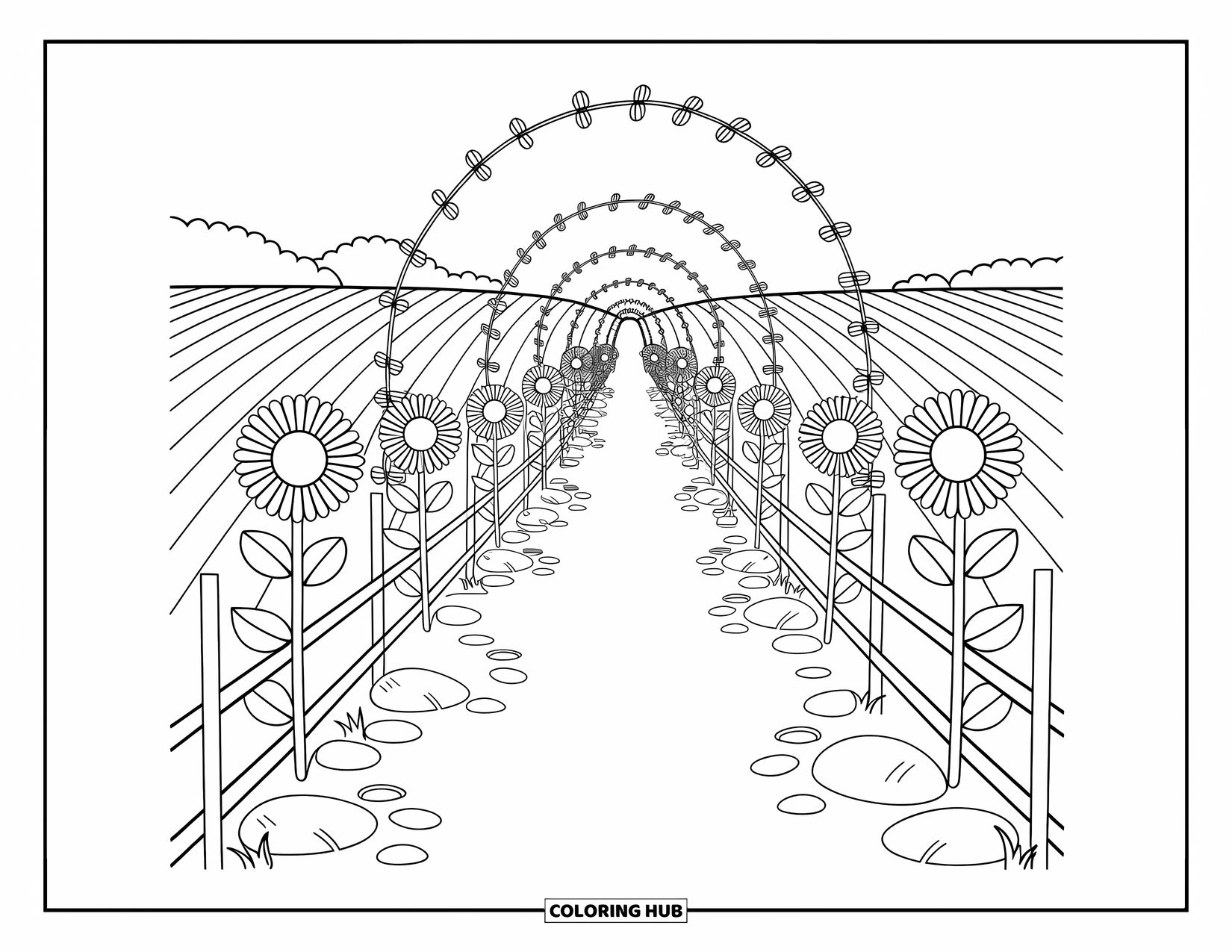 Scenic Coloring Page for Adults: A flower-lined trail with wooden fences leads through sunflowers and farmland hills