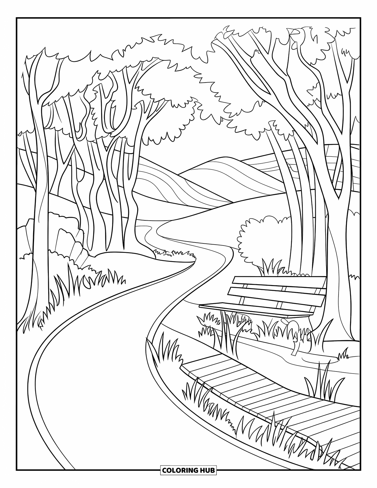 Scenic Coloring Page for Adults: A forest path curves toward a wooden bench and hills beyond a small stream