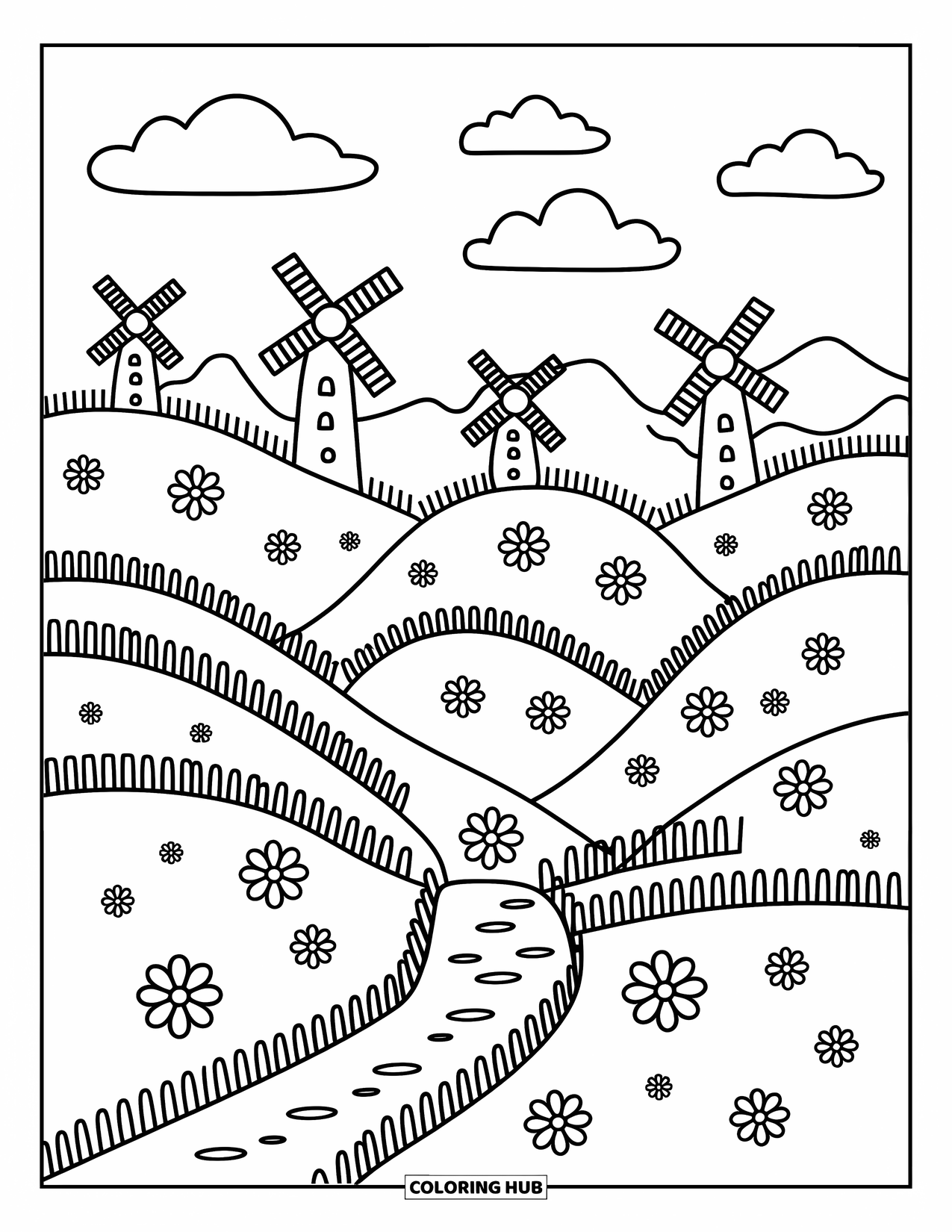 Scenic Coloring Page for Adults: A gentle hill scene with paths, windmills, and flower beds under a fluffy sky
