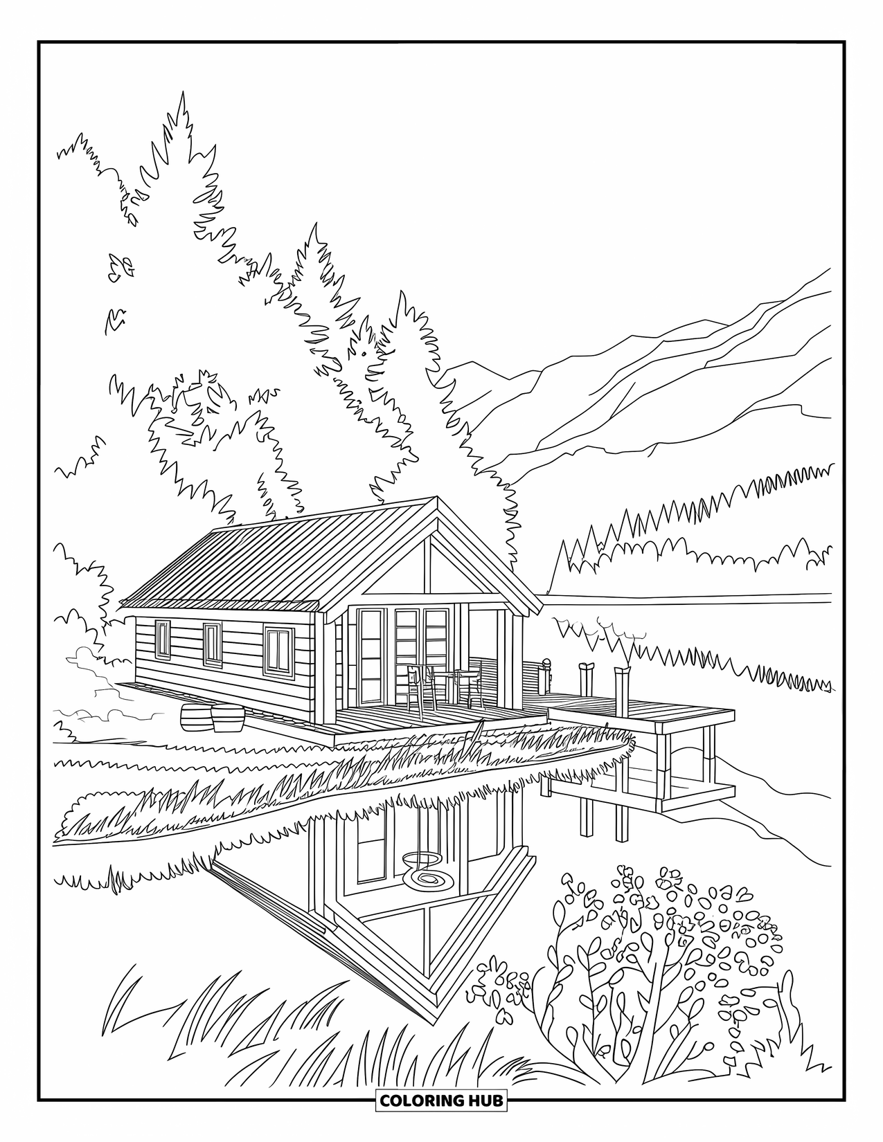 Scenic Coloring Page for Adults: A lakeside cabin with a wooden deck sits beside calm waters and autumn trees
