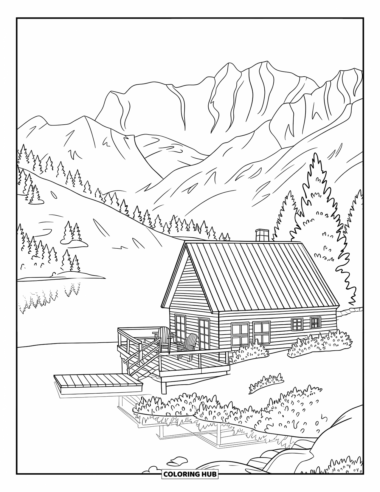 Scenic Coloring Page for Adults: A peaceful cabin by the lake with a small dock and autumn mountain views