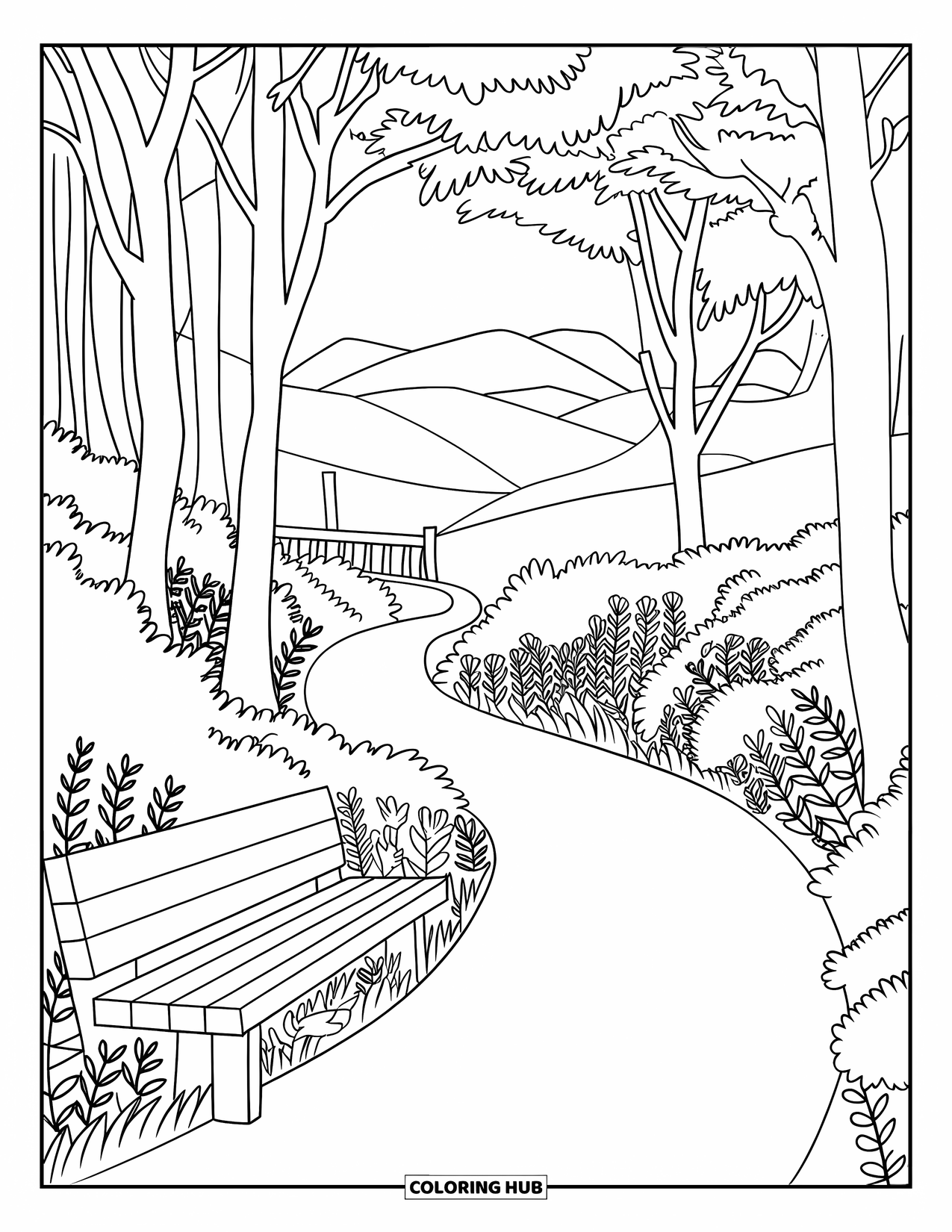 Scenic Coloring Page for Adults: A quiet forest path with a wooden bench and a gentle bridge over water