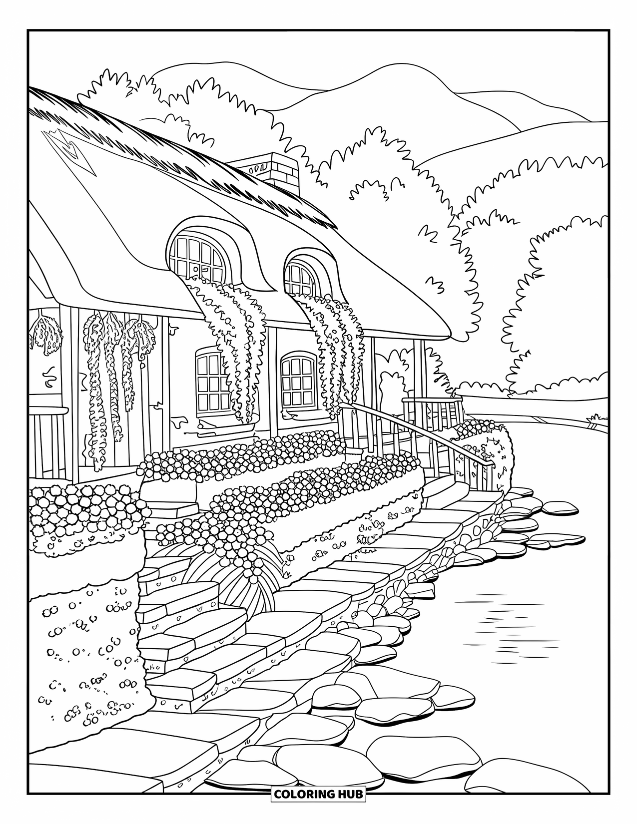 Scenic Coloring Page for Adults: A riverside cottage with flower beds and calm waters near stone steps and trees