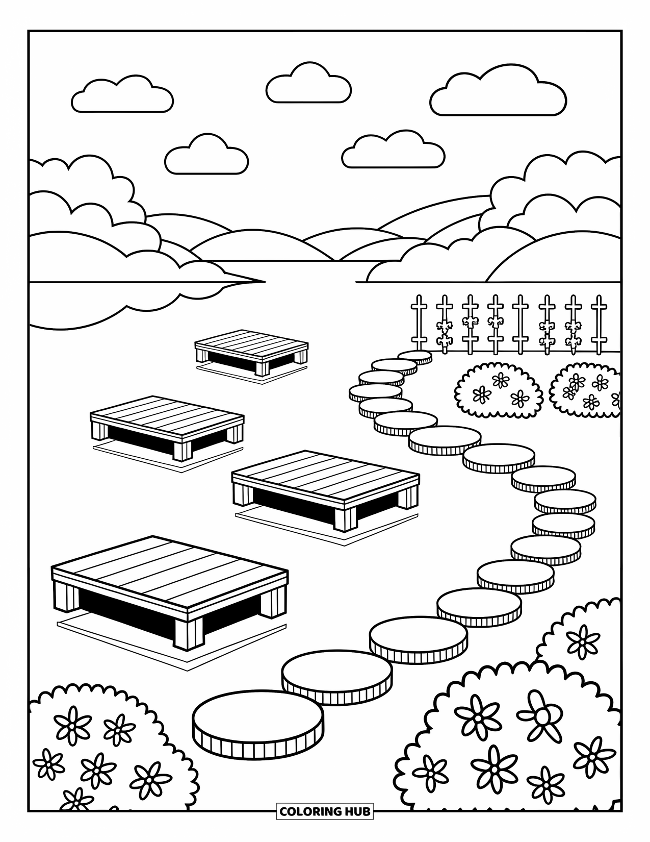 Scenic Coloring Page for Adults: A still lake with small docks and stepping stones surrounded by flowers and fences