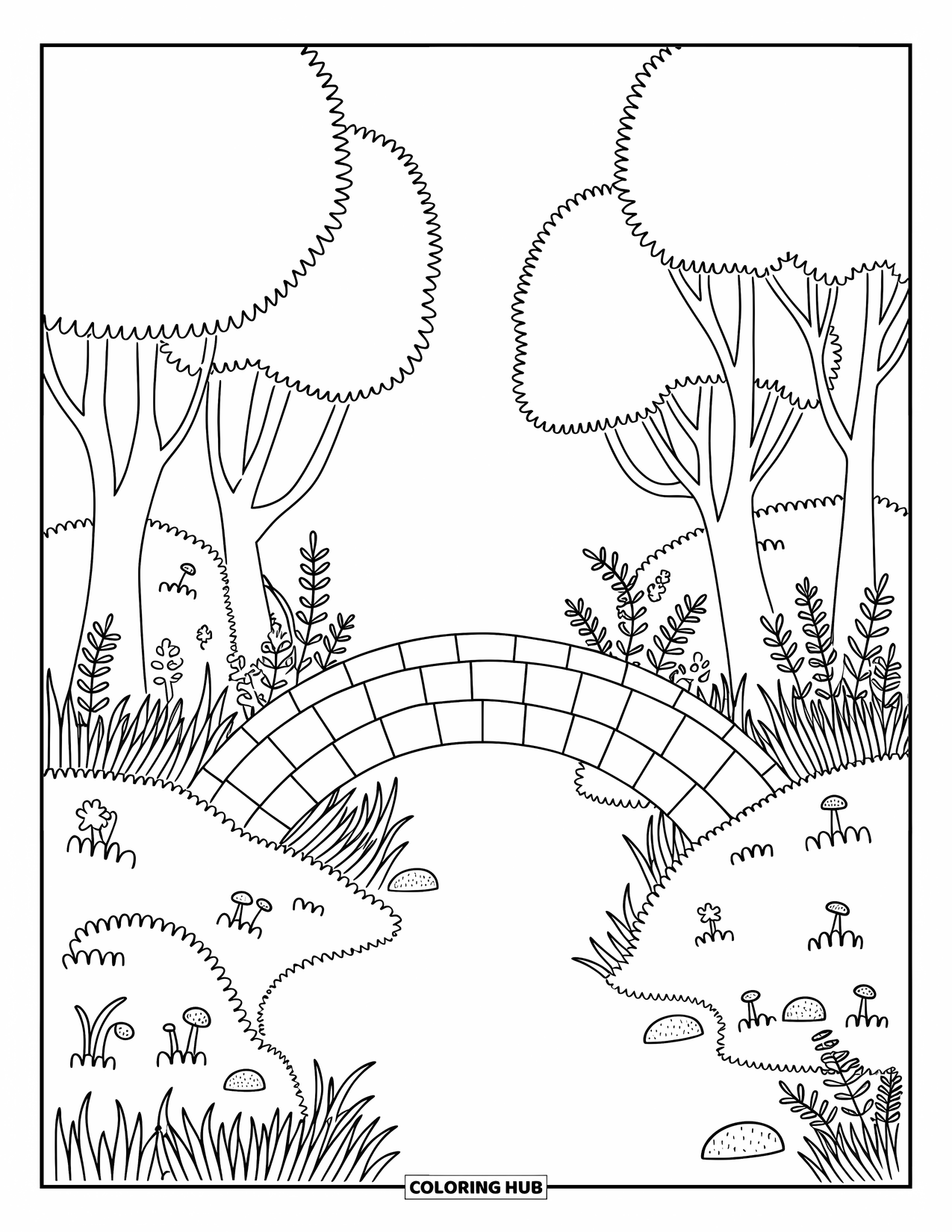 Scenic Coloring Page for Adults: A stone bridge arches over a creek in a quiet, flower-filled forest