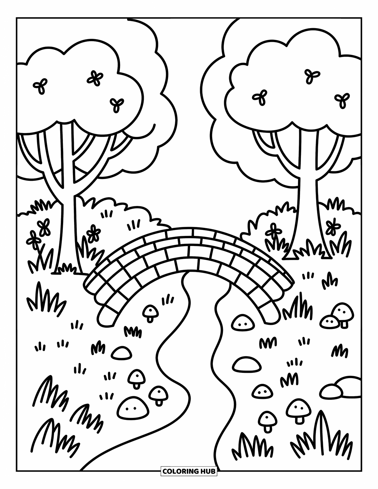 Scenic Coloring Page for Adults: A stone bridge crosses a creek in a quiet forest clearing with mushrooms and trees