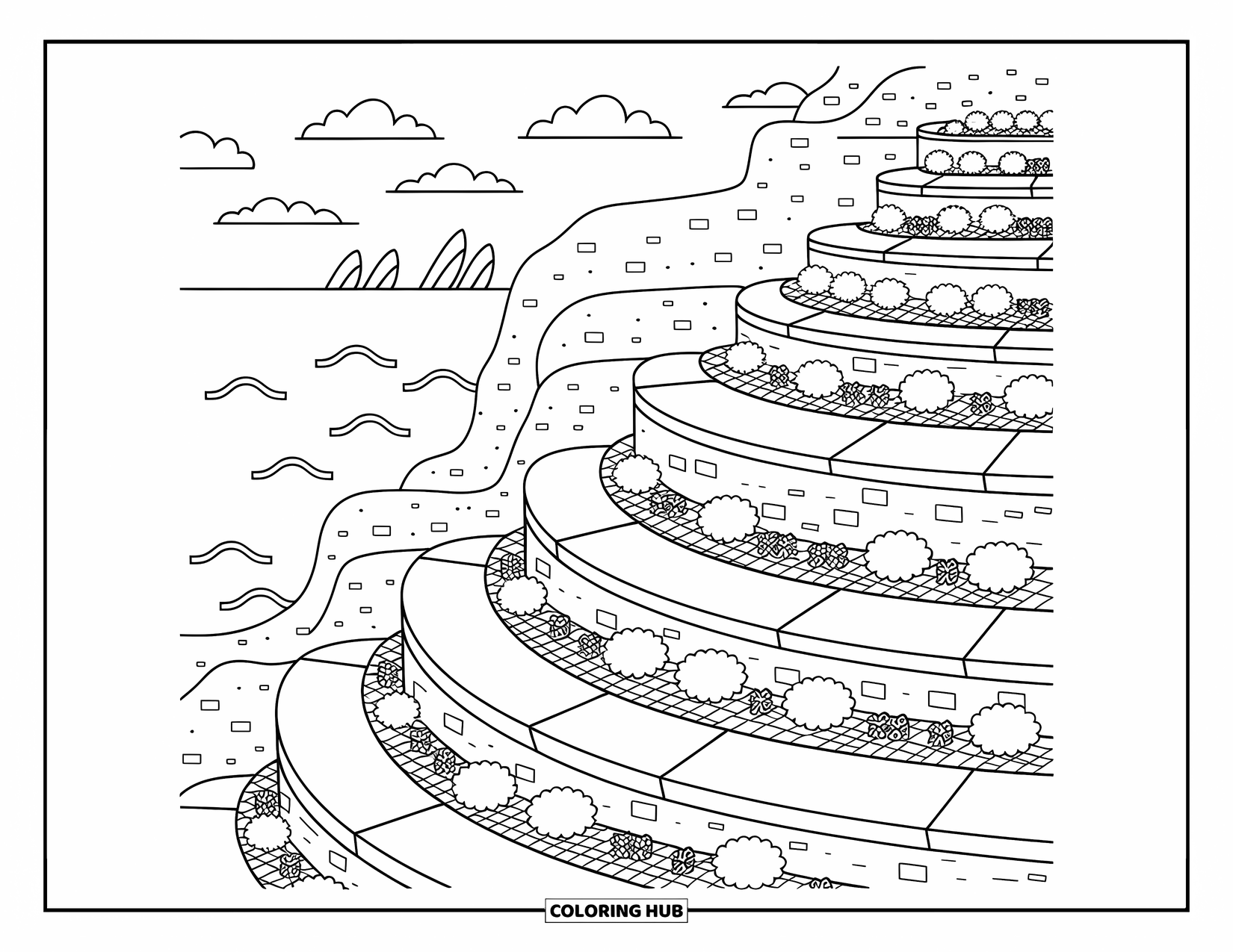 Scenic Coloring Page for Adults: Garden terraces on a cliffside lead to the sea with clouds and rock shapes