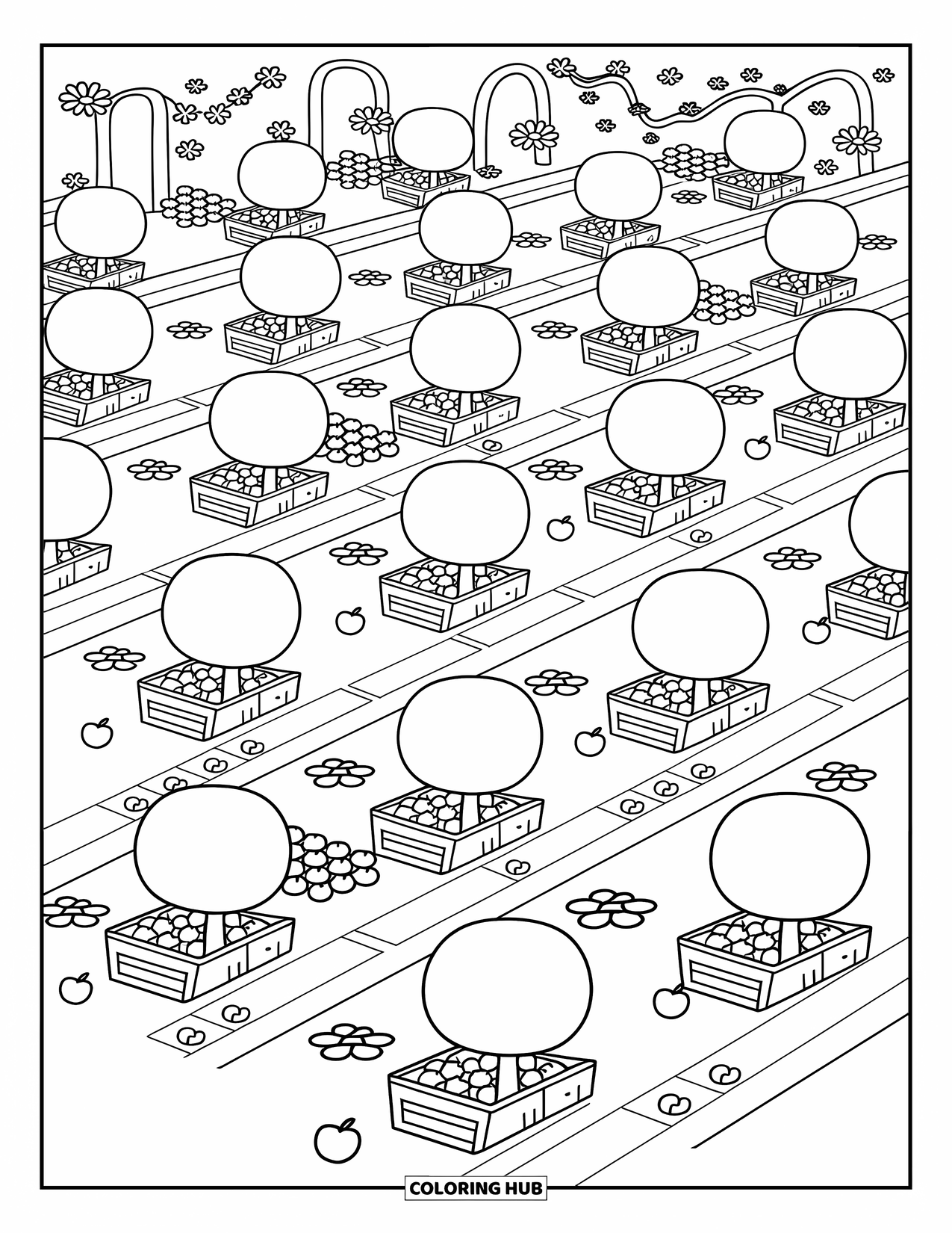 Scenic Coloring Page for Adults: Neat orchard rows hold crates of fruit under playful vine trellises and rounded trees