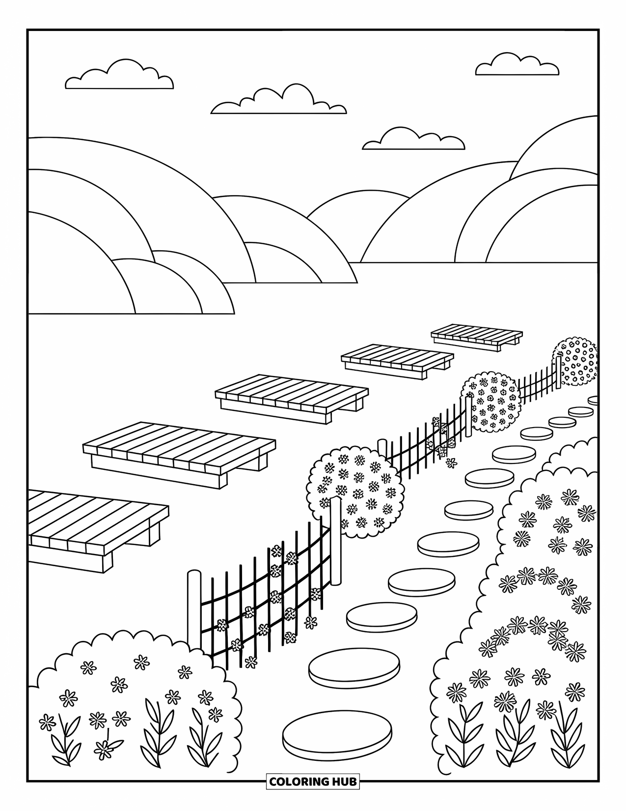 Scenic Coloring Page for Adults: Peaceful docks lead into a lake beside blooming flowers and curved trellises
